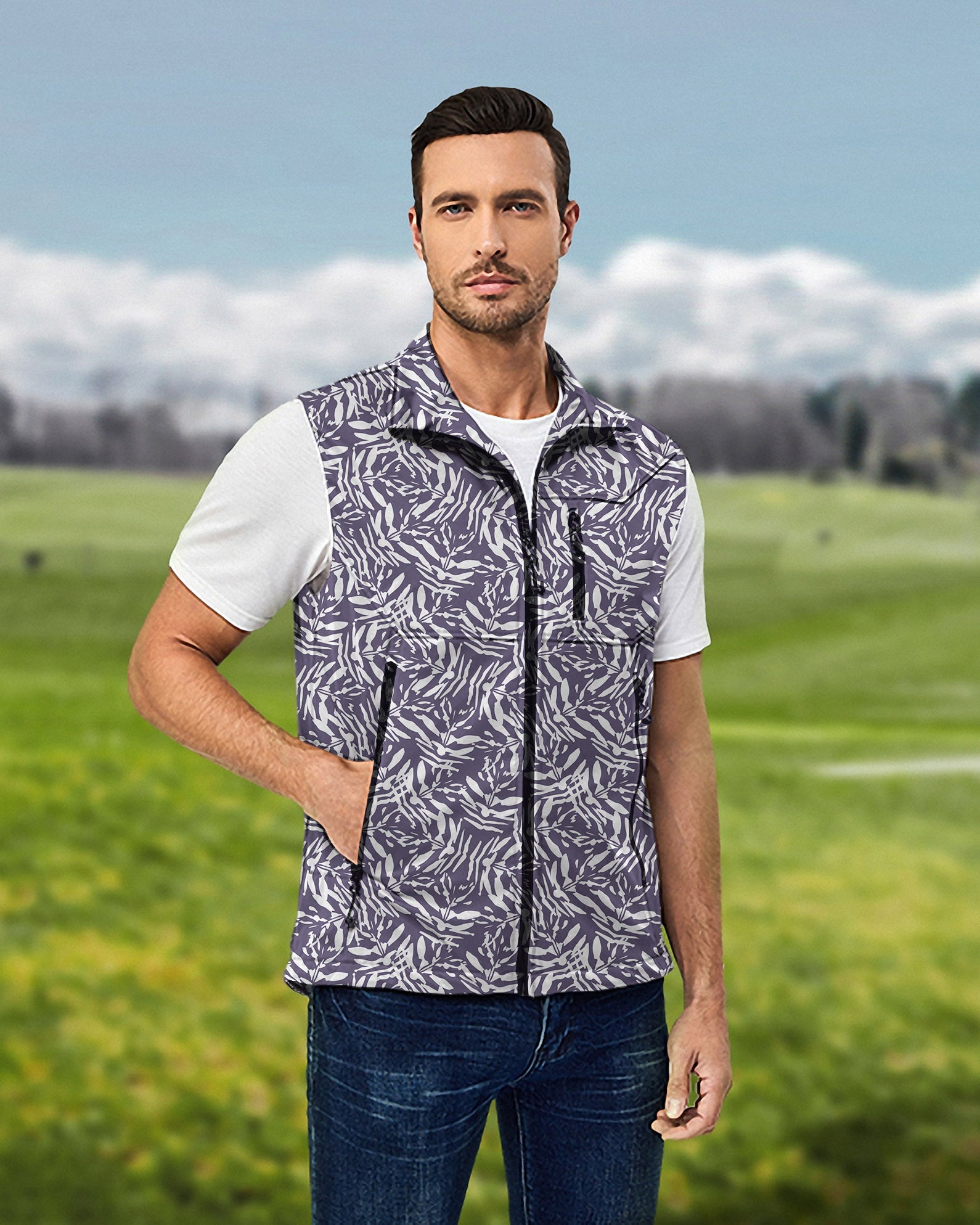 Men's abstract Navy lightweight softshell vest sleeveless jacket for golf outdoors