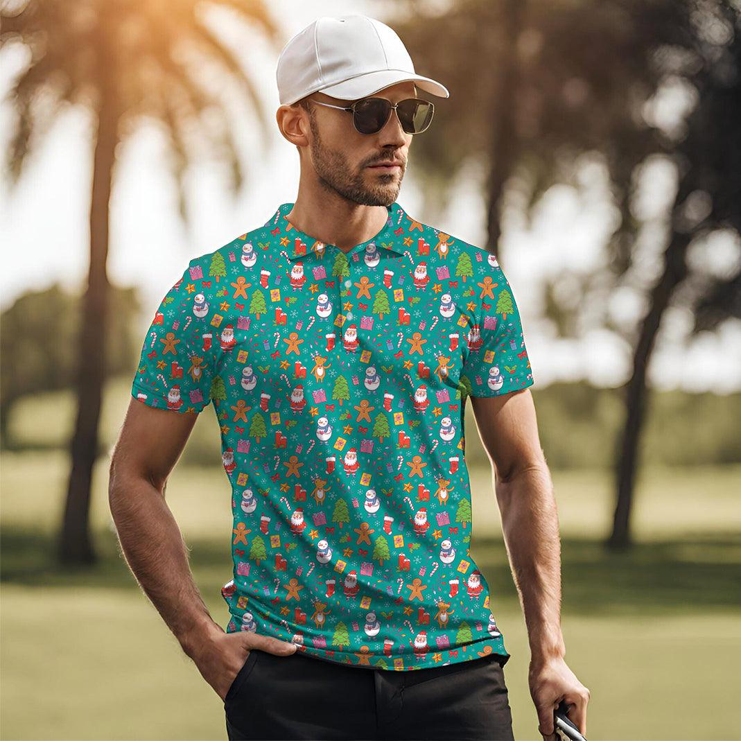 Men's Merry Christmas golf polo shirt with festive holiday pattern, UV protection, and 4-way stretch for comfort and style on the golf course