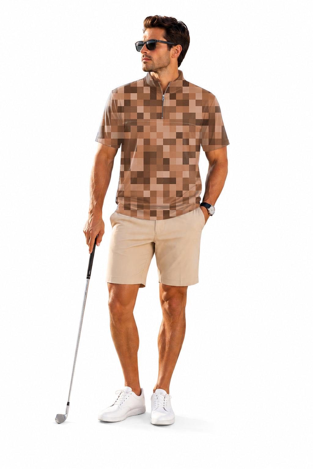 Men's Short Sleeve Quarter Zip Golf Pullover Brown Pixel-Big Embroidery