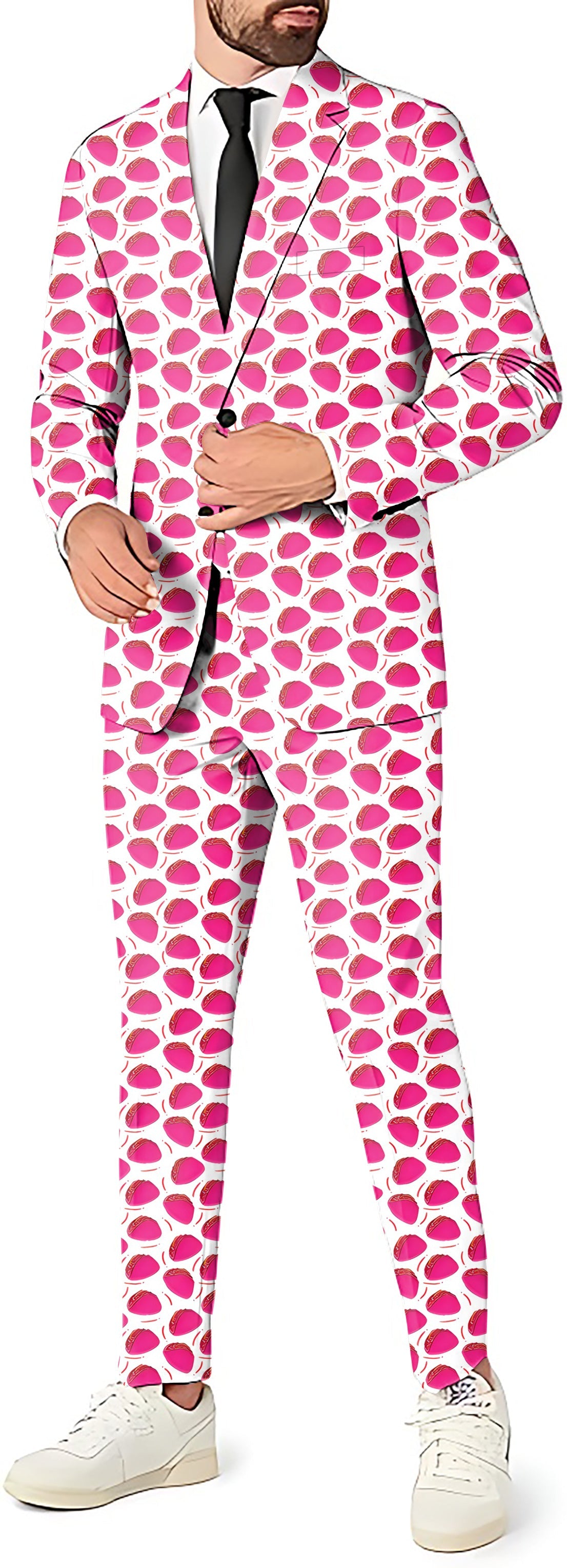 TACO TUESDAY Men's party suit set with blazer, vest, and pants in pink taco pattern