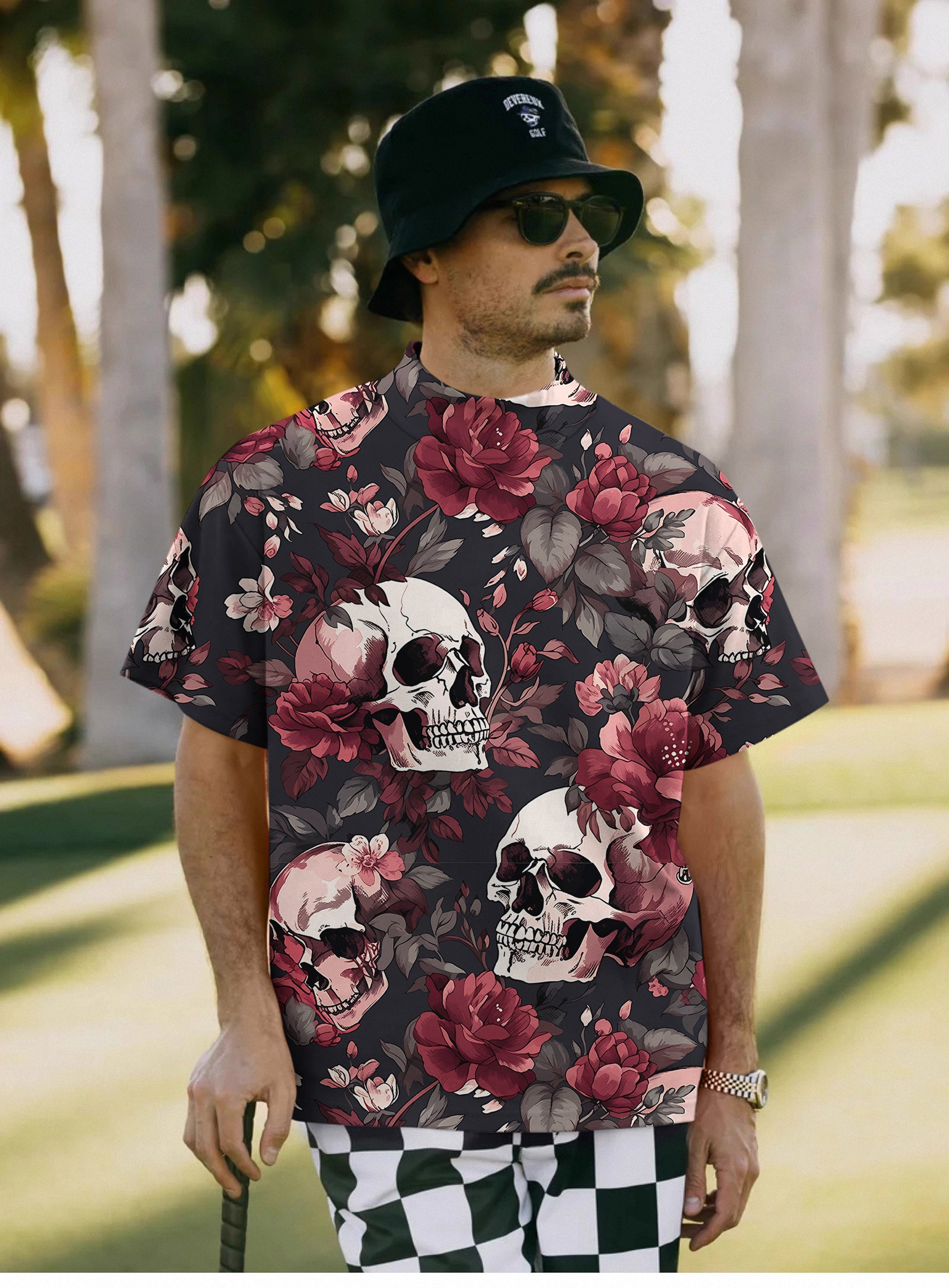 Men's Halloween floral skull pullover T-shirt with high neck and long/short sleeve options