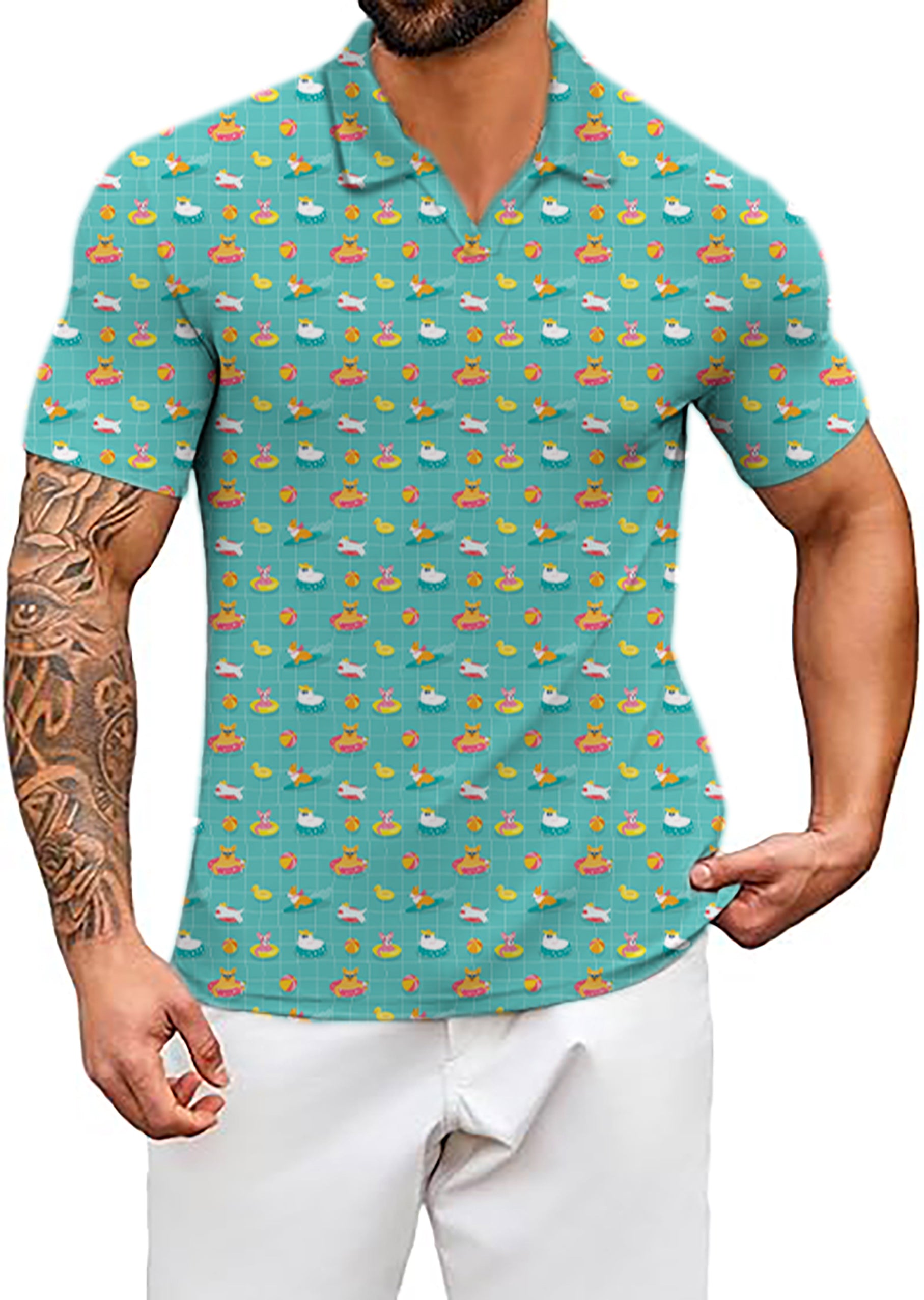 Men's Dog Pool Time V Neck Golf Polo Shirts