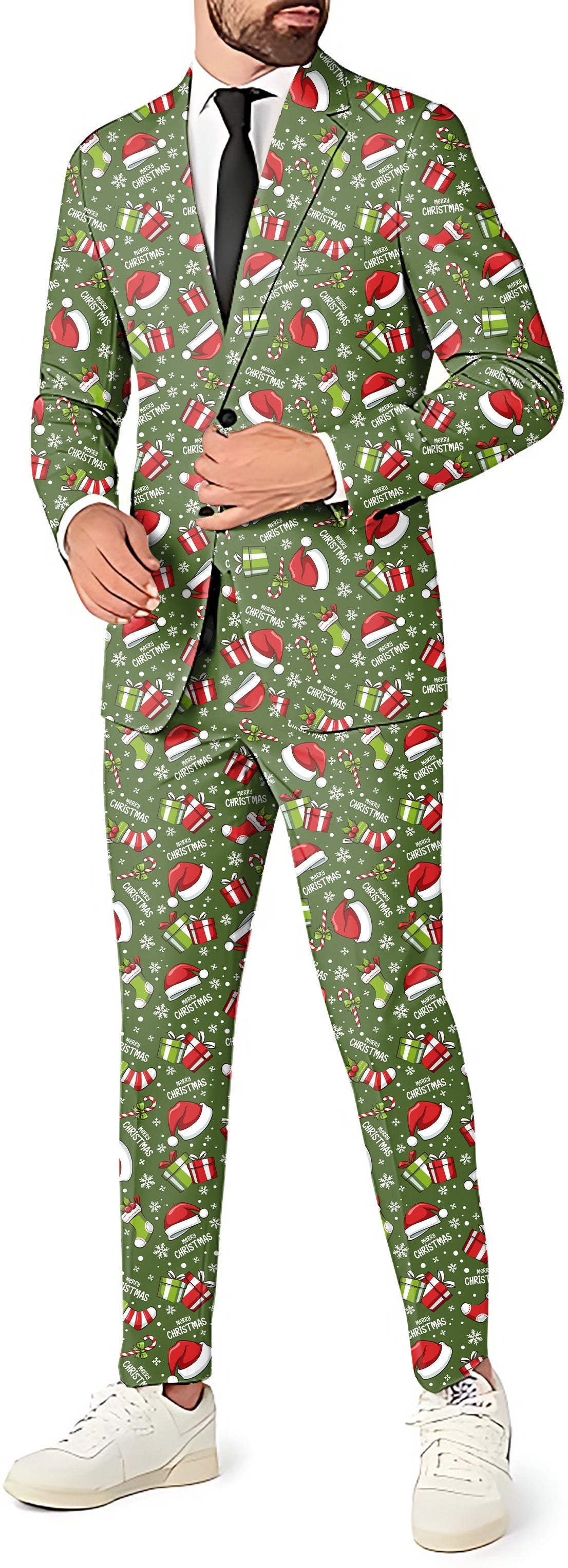 Merry XMAS Men's party suit with blazer, pants, and vest in festive green print