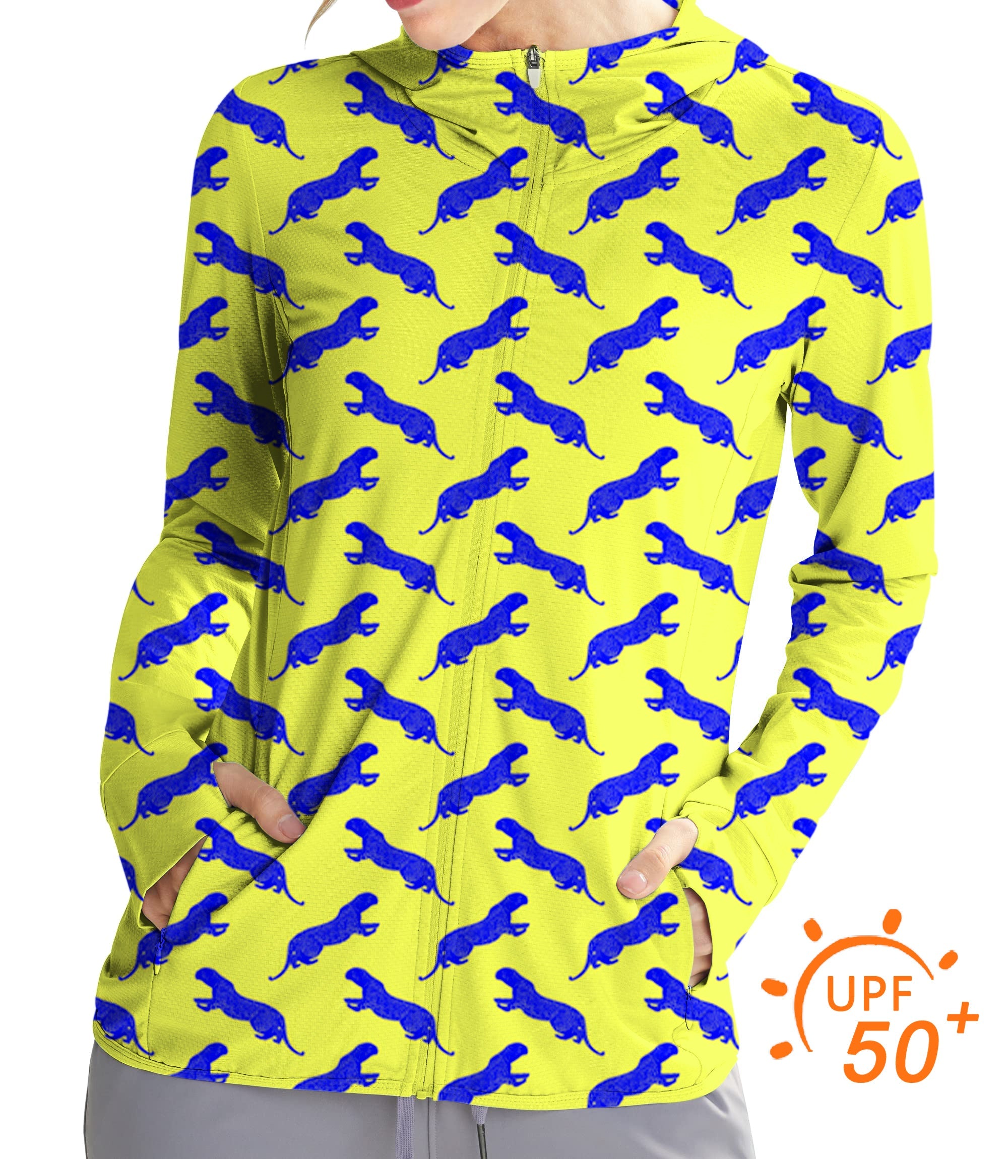 Women's outdoor blue leopard print slim fit zip hoodie with UPF 50+ sun protection for golf and other activities