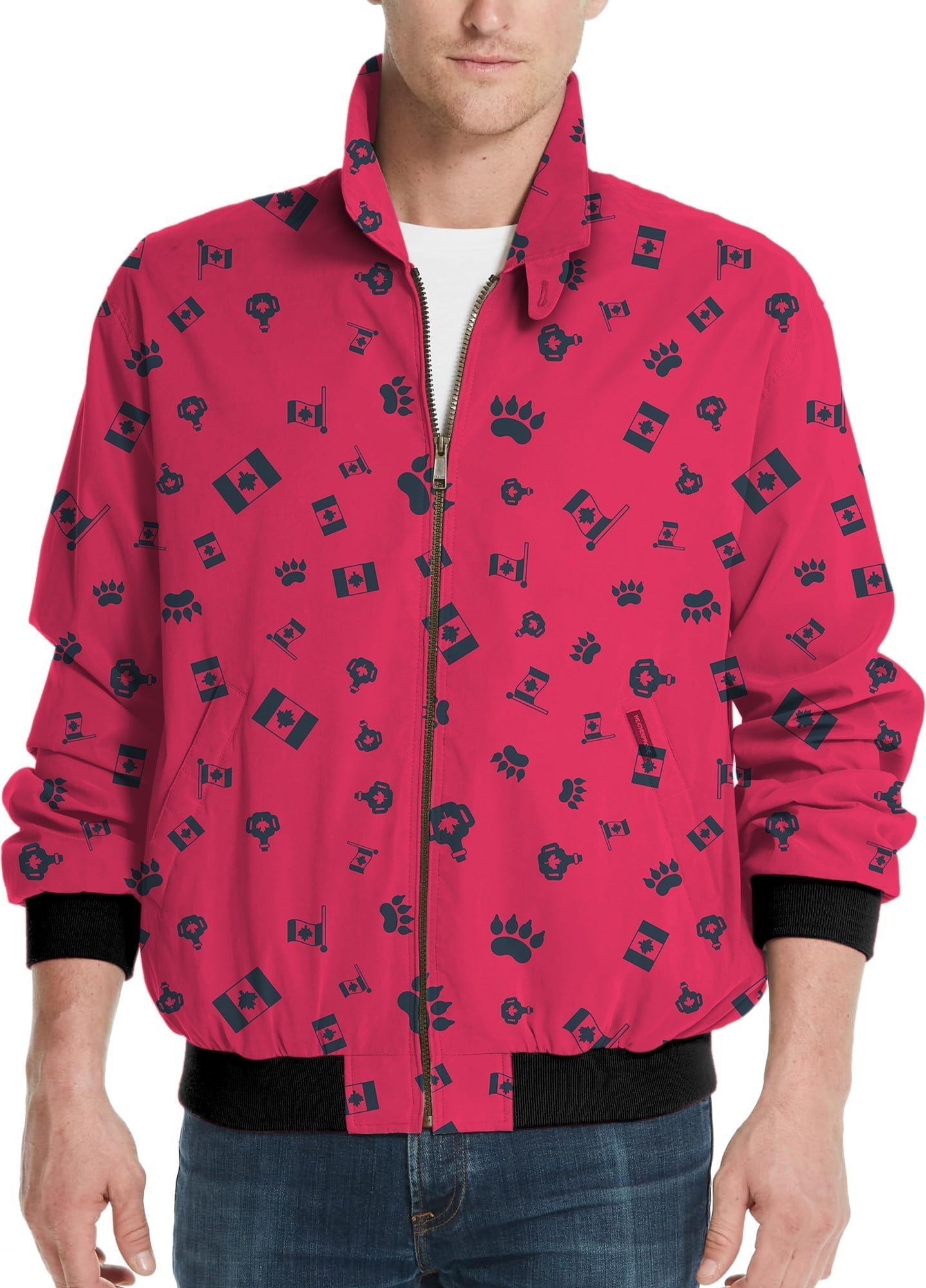 Men's red golf windbreaker jacket with Canadian Flag Paw pattern and black cuffs