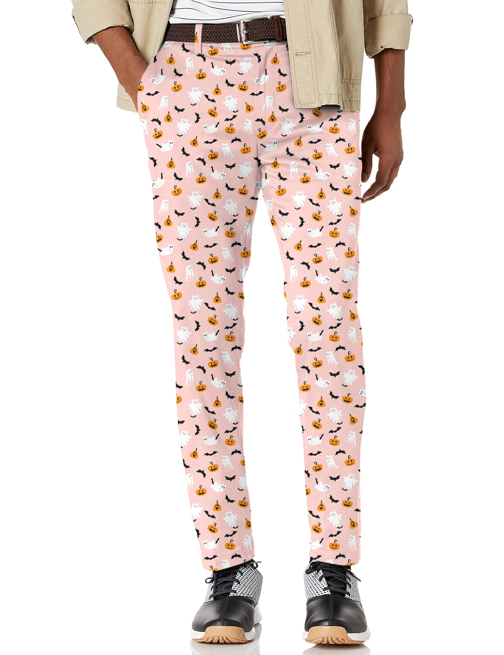 Men's Halloween kawaii ghost and pumpkin print stretch golf pants with moisture-wicking fabric and active waistband