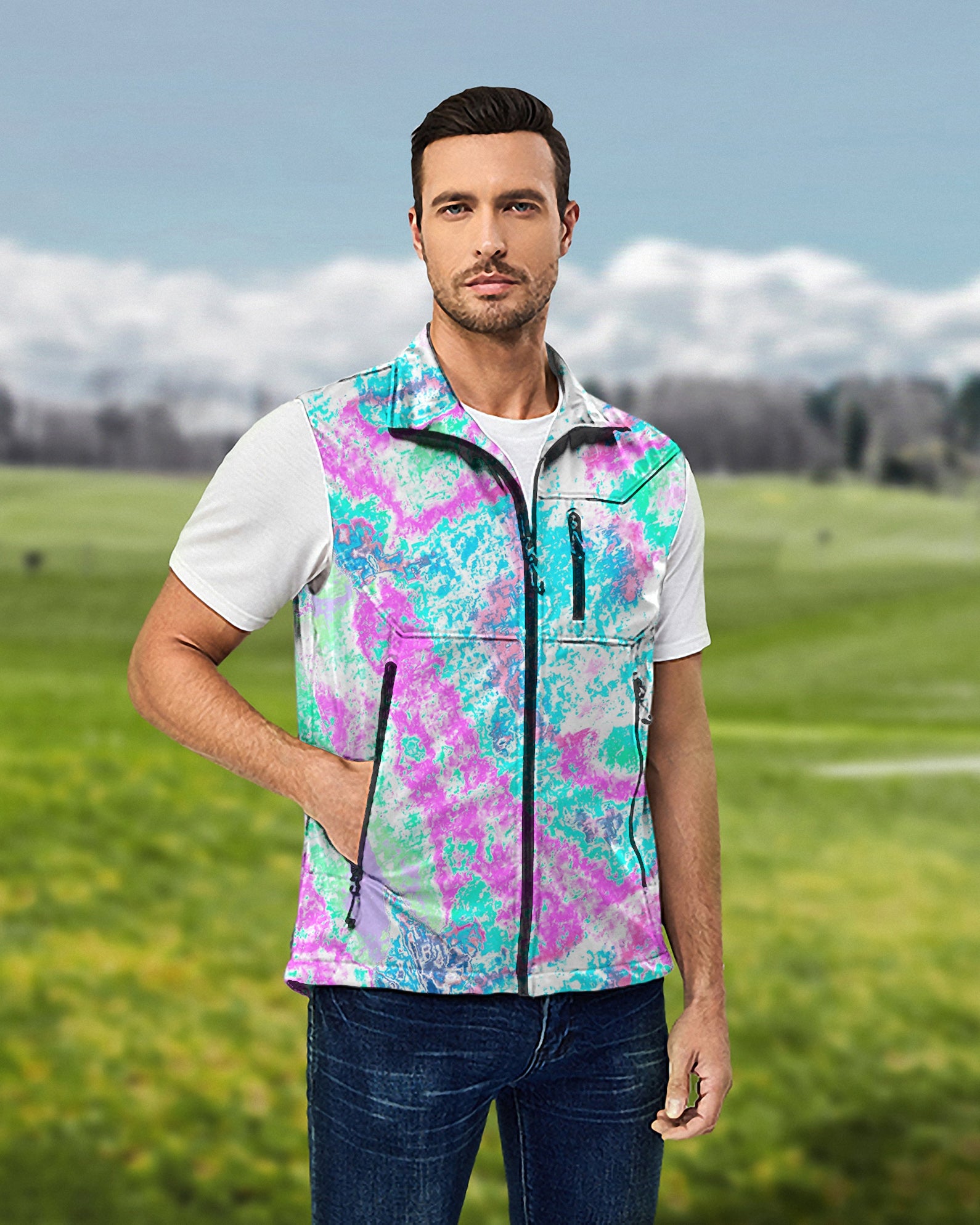 Men's vintage fractal Lightweight Softshell Vest Sleeveless Jacket for Golf