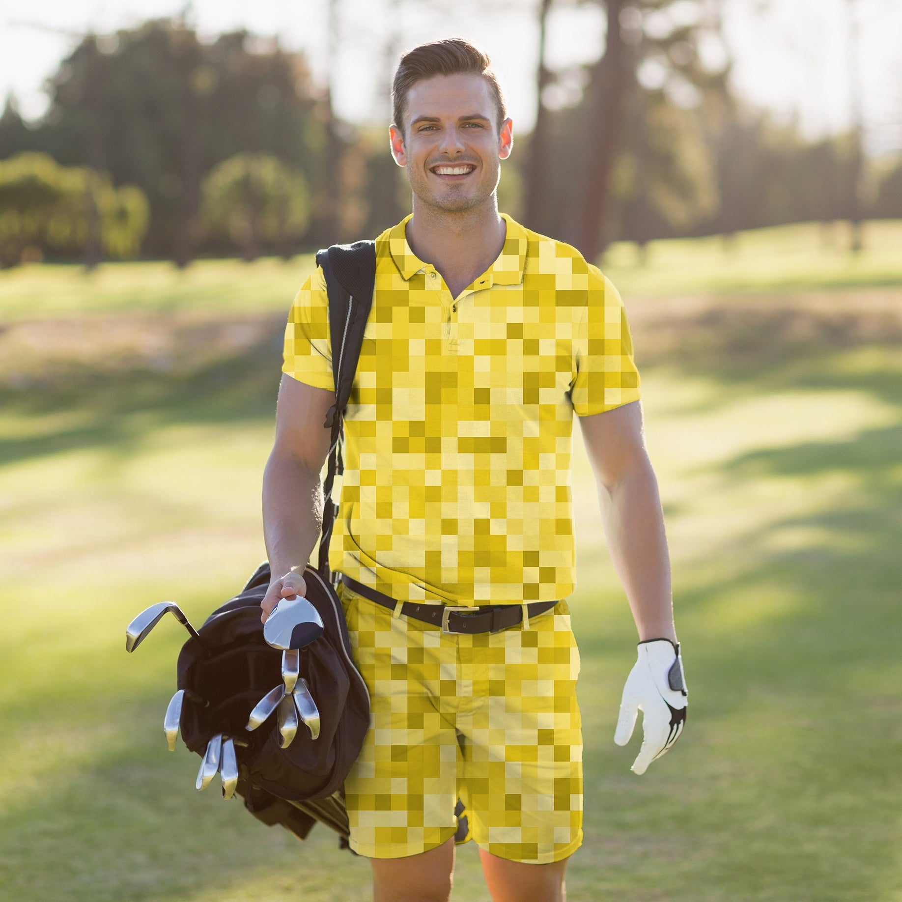 Men's golf set with yellow pixel polo and shorts, moisture-wicking, stretchy, wrinkle-resistant, UPF 40+ protection