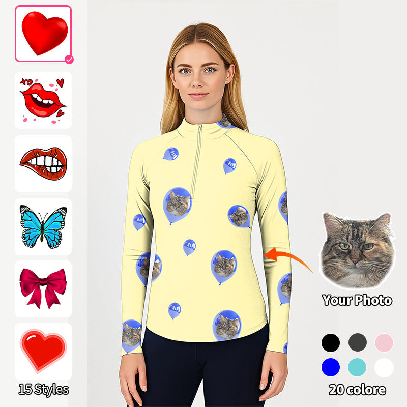 Valentine's Day custom photo face yellow women's golf 3/4 zip top long sleeves
