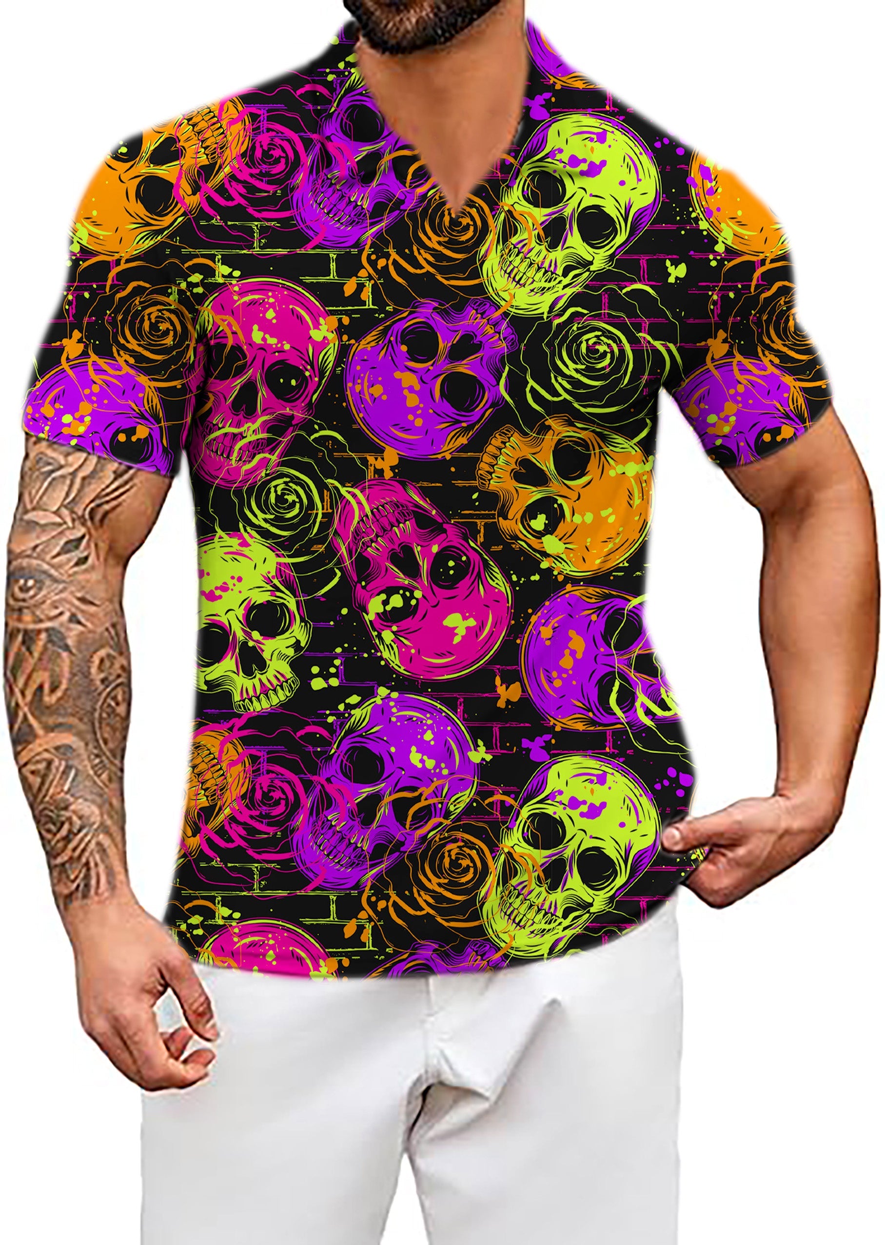 Men's Coconut Palm Halloween skull V neck stretch golf polo shirt in vibrant colors