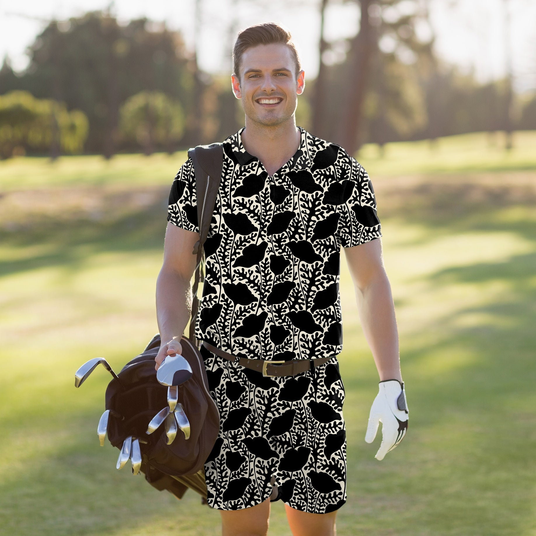 Men's golf set with monochrome floral polo and matching shorts, stretchy and moisture-wicking fabric with UPF 40+ protection