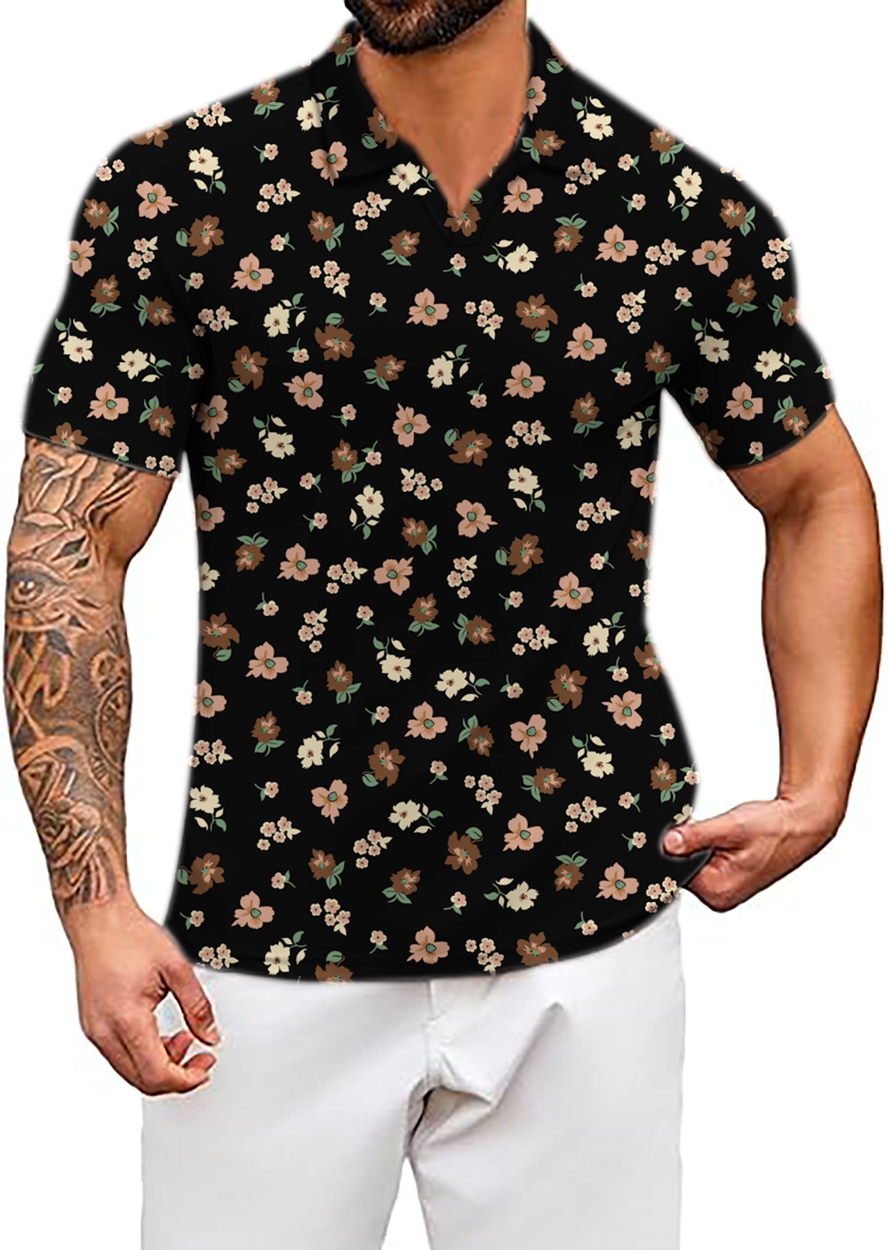 Men's black flower V Neck Golf Polo Shirts