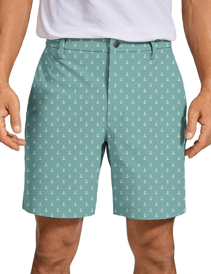 Men's green blue anchor patterned golf shorts, quick dry, lightweight, breathable performance fabric.