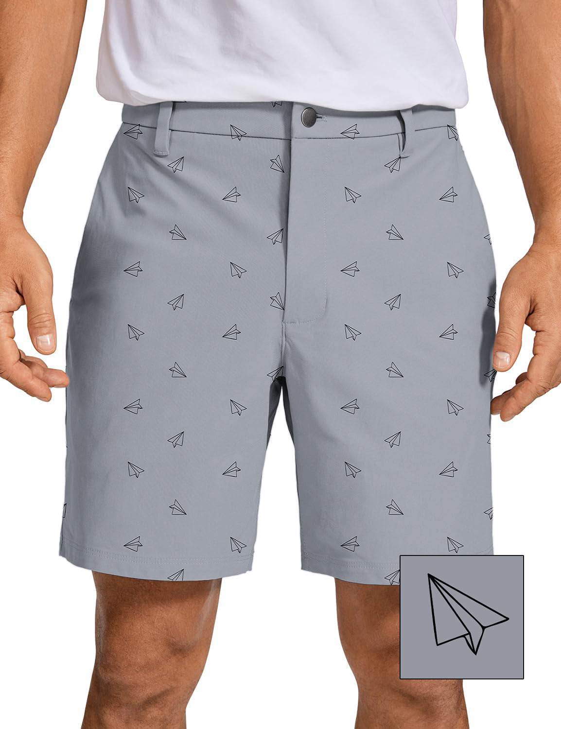 Men's paper airplanes print golf shorts in light gray with quick-dry, stretchy fabric and modern fit