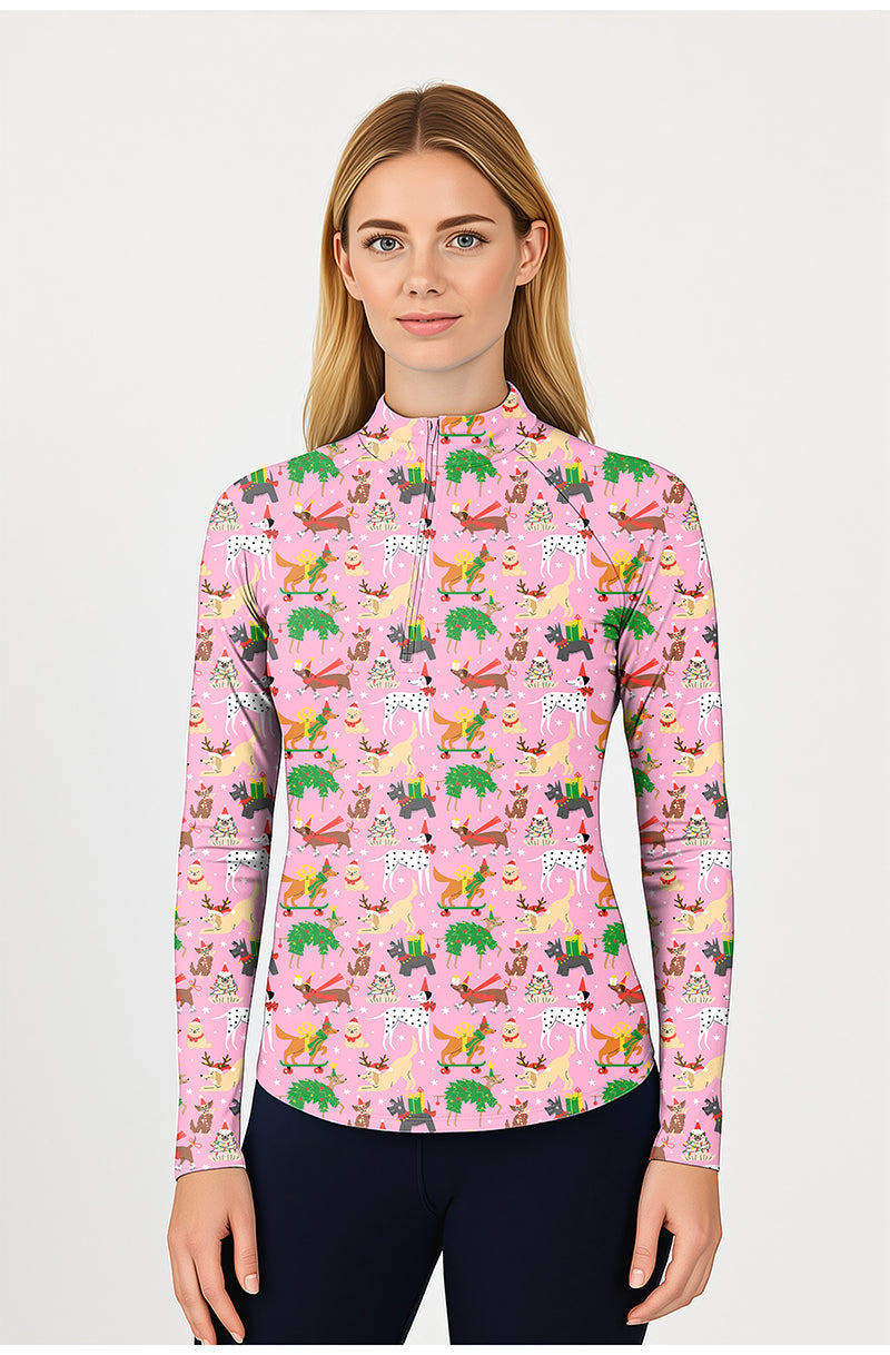 Christmas dog women's golf active 3/4 zip top with long sleeves and festive dog pattern