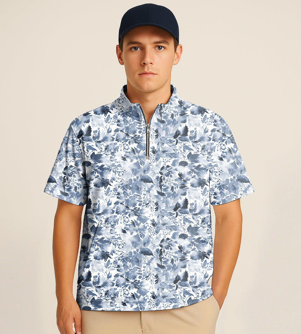 half zipper turtleneck golf shirt with blue leaves embroidery on male model