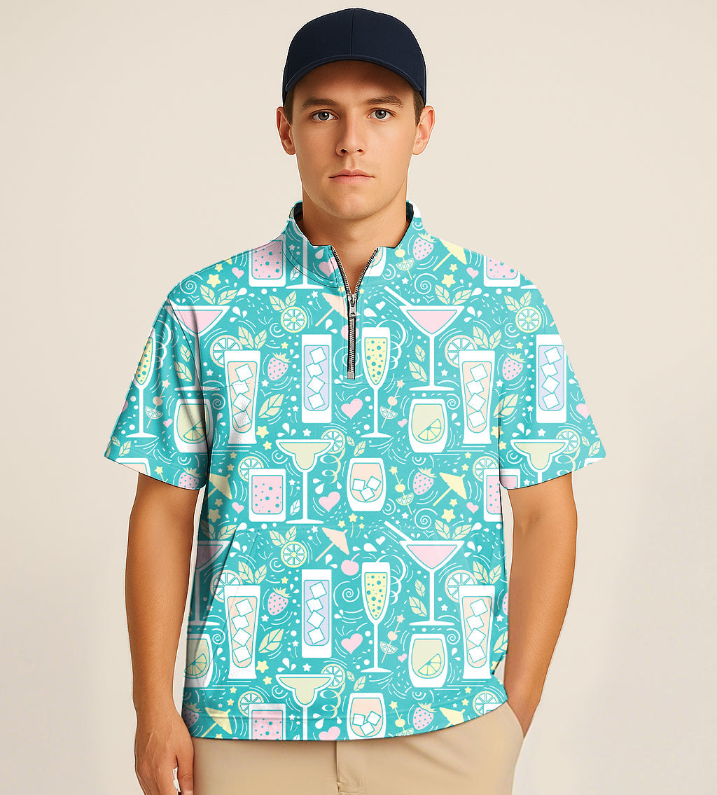 Male model wearing half zipper turtleneck golf shirt with colorful cocktail embroidery and short sleeves