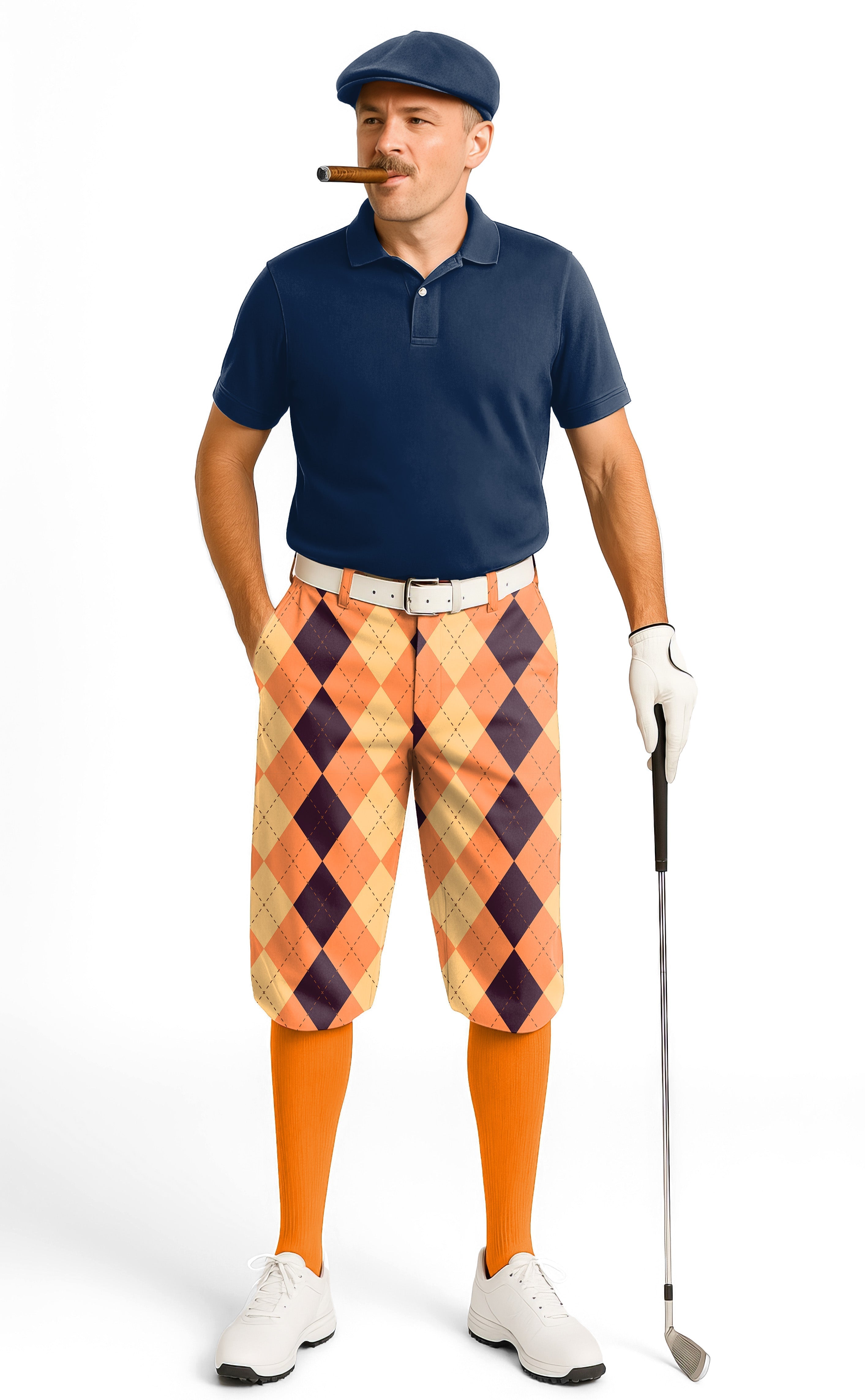Men’s Halloween black light yellow orange argyle golf knickers with snug ankle cuffs and stretchy breathable fabric