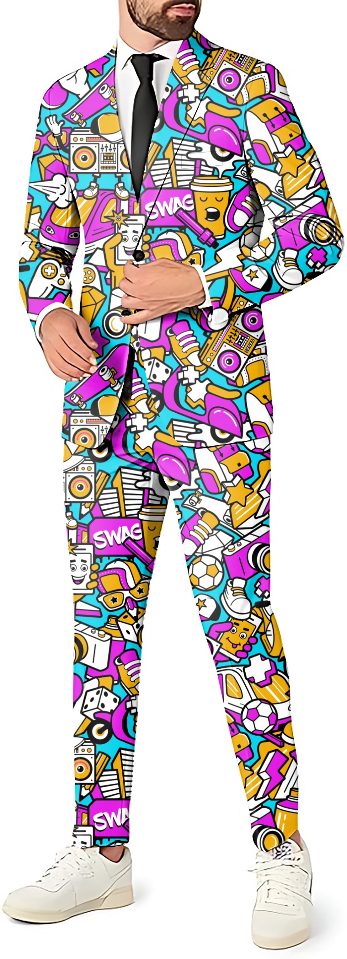 Men's Boys Trip party costume suit set with colorful graphic blazer, pants, and vest