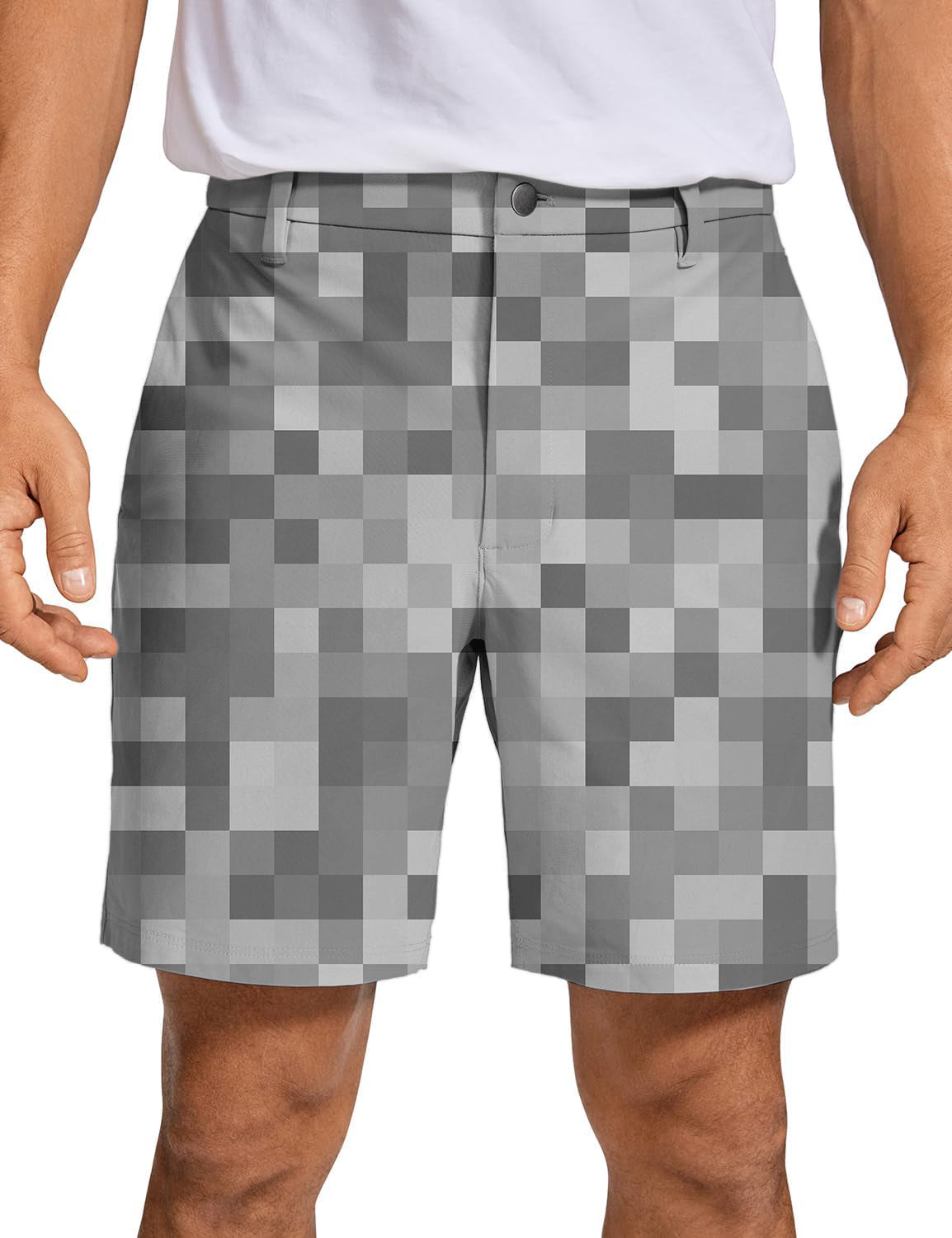 Men's grey pixel pattern golf shorts with quick dry fabric and two-way stretch