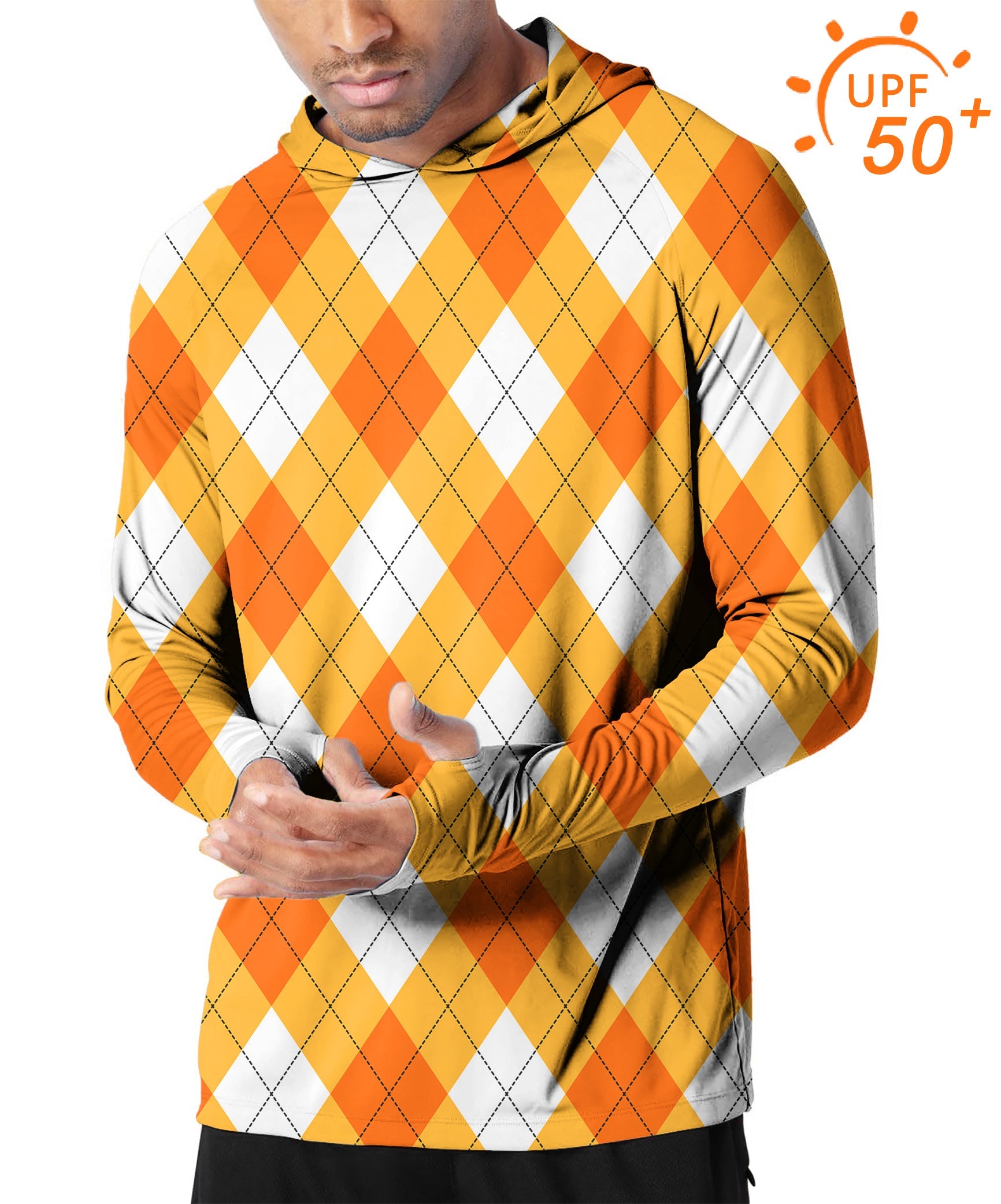 Men's Outdoor Halloween Cross orange white argyle slim fit hooded golf sun protection shirt with UPF 50+ UV protection and thumb holes