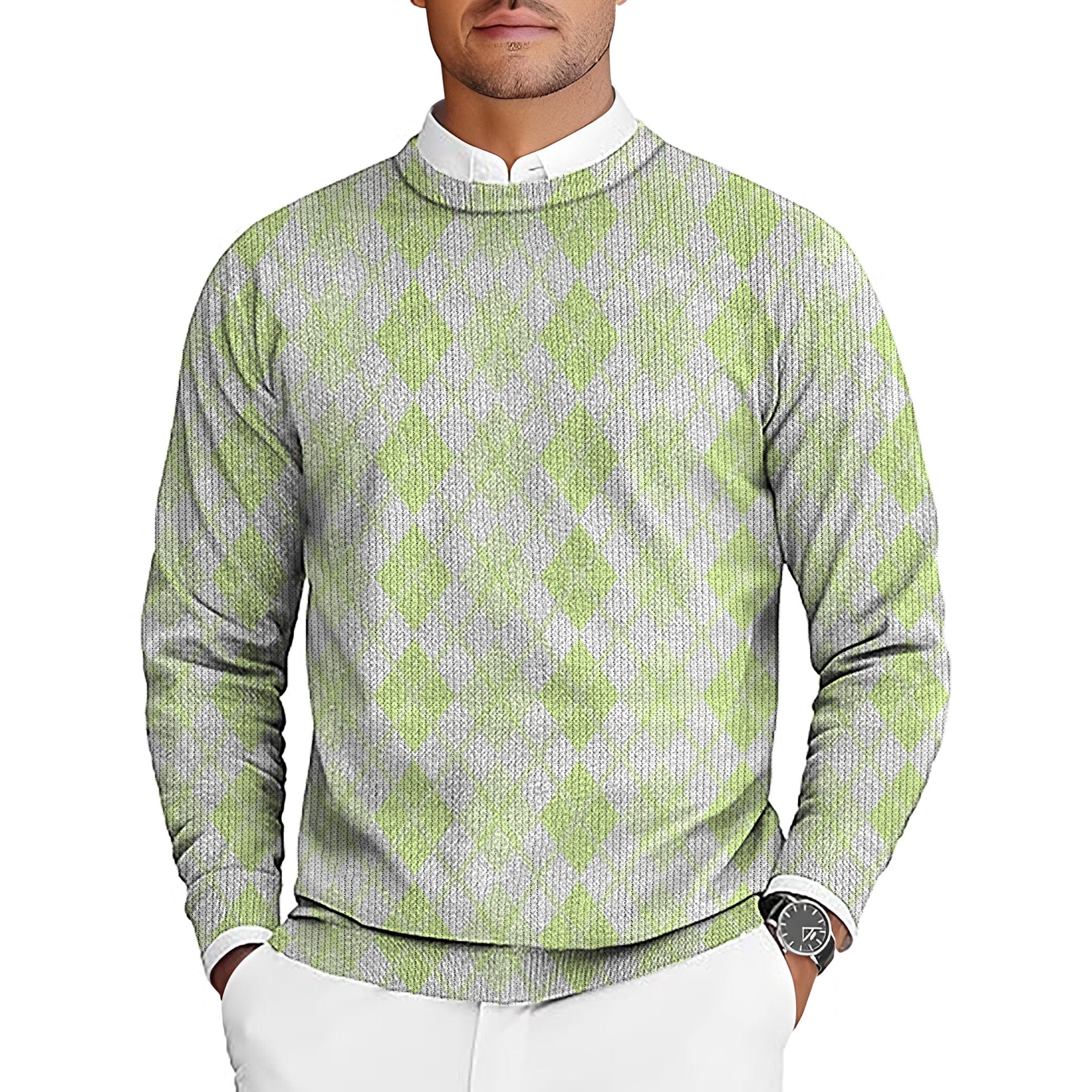 green grid men's golf crewneck pullover sweater with argyle pattern
