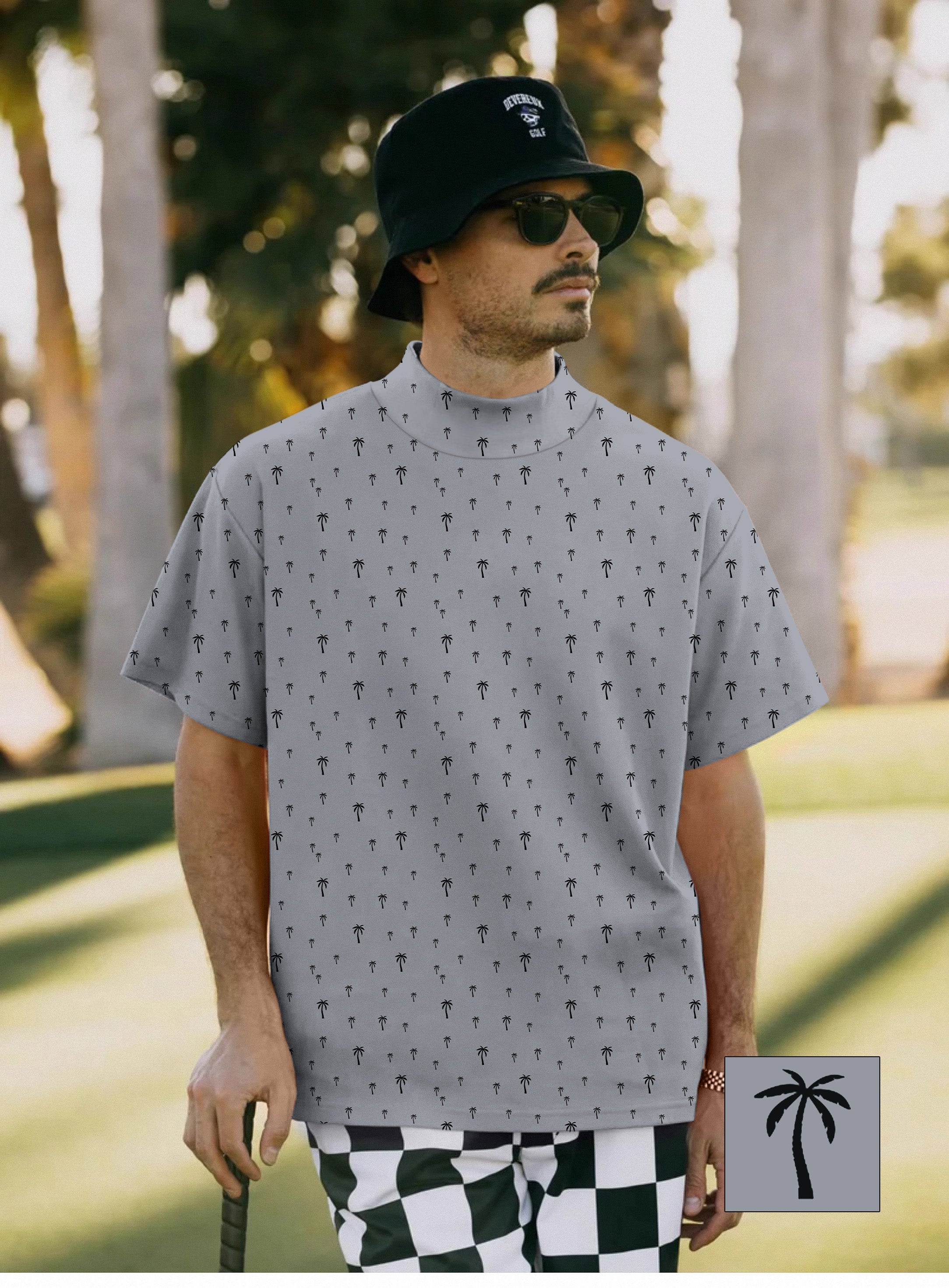 Men's Coconut Palm pullover T-shirt in gray with palm tree pattern and high neck for custom golf uniforms