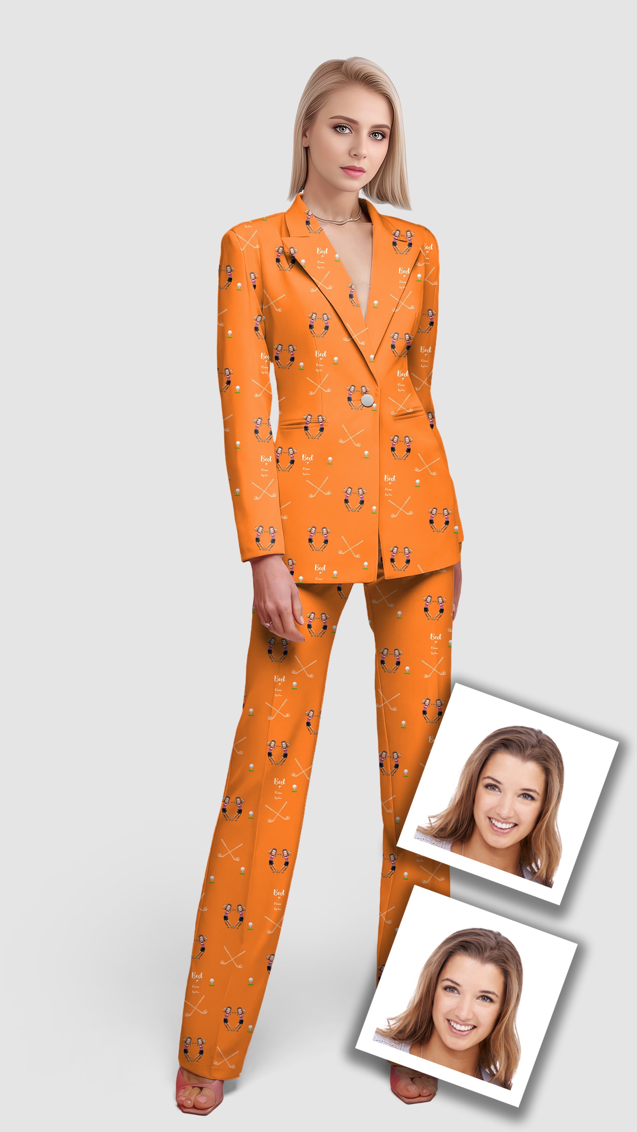 Custom Sister Photo Face & Name Women's Blazer Suit set in orange with lapel collar and front button design, personalized with a sister's photo and name, suitable for casual work and office wear.