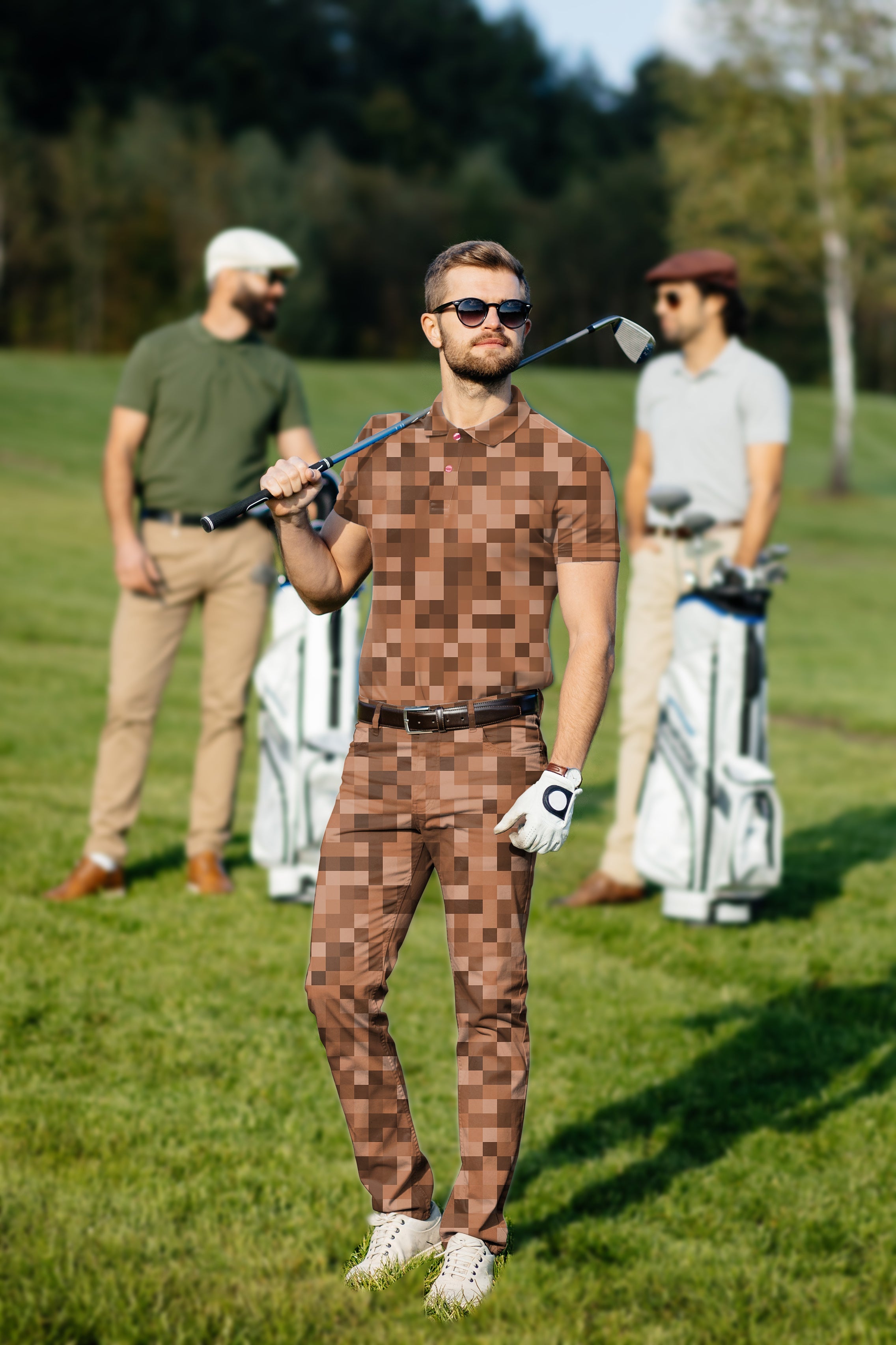 Men's golf set with brown pixel patterned polo and pants, moisture-wicking, wrinkle-resistant, UPF 40+ protection, and classic fit.