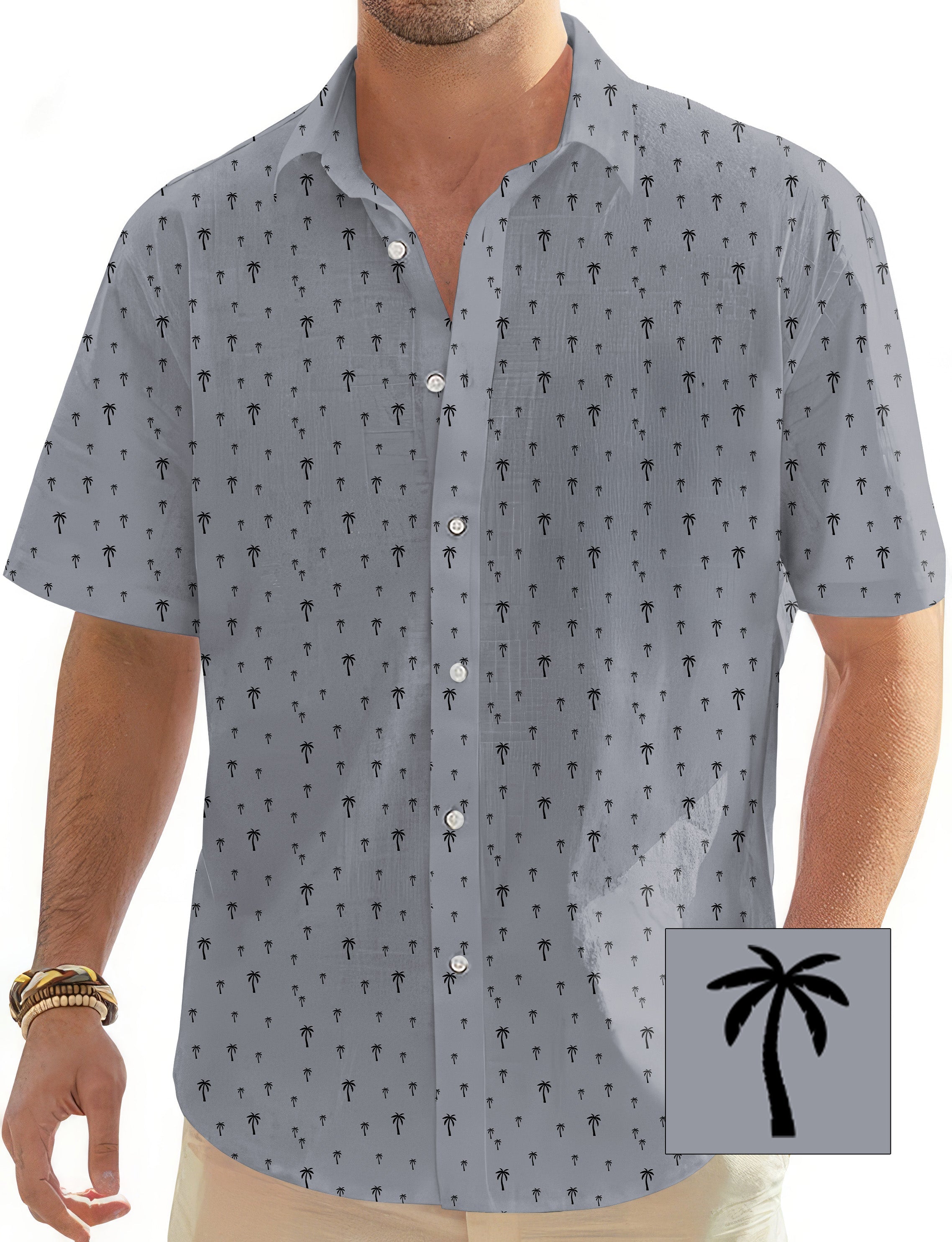 Men’s Coconut Palm Custom button-down Hawaiian golf shirt with gray background and palm tree print