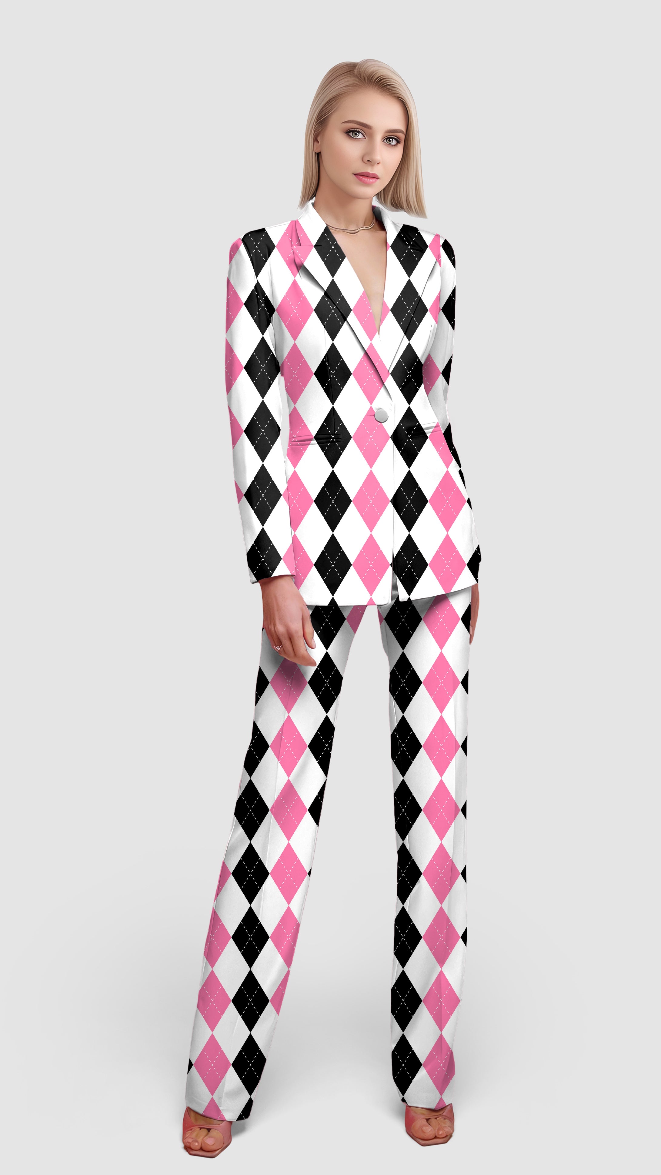 pink black argyle-Women's Blazer Casual Work Office Blazer Suit set