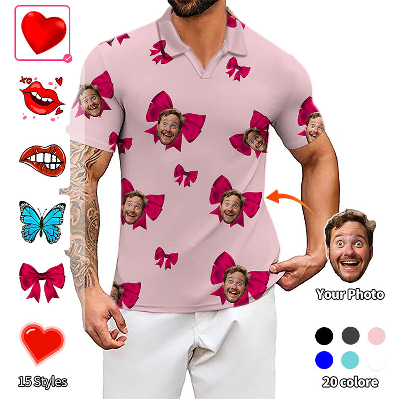 Valentine's Day men's pink custom photo face V-neck golf polo shirt with stretchy, wrinkle-resistant, moisture-wicking fabric and UPF 40+ protection