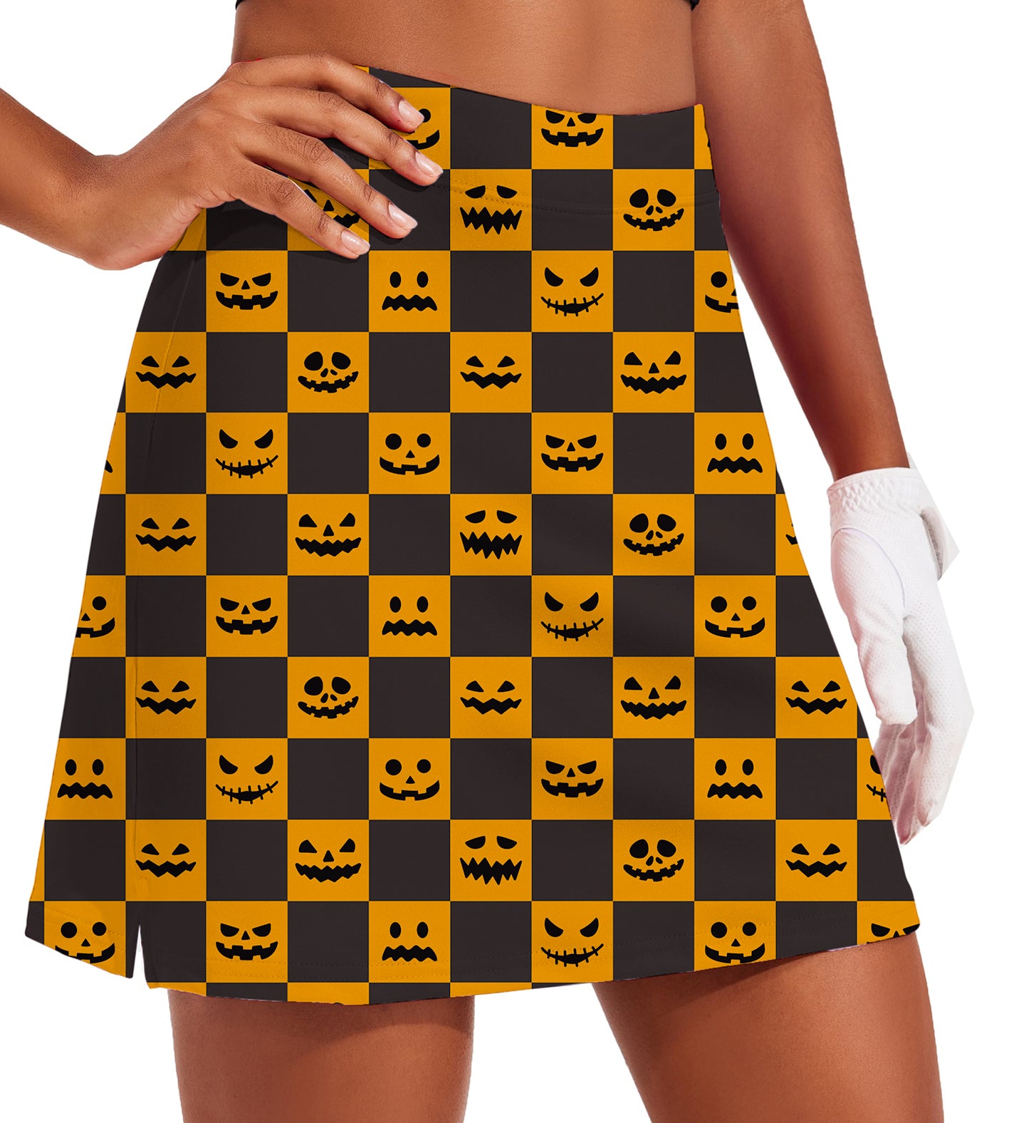 Women's -Halloween black and yellow checkerboard pumpkin Golf Skirts Inner Shorts Pocket