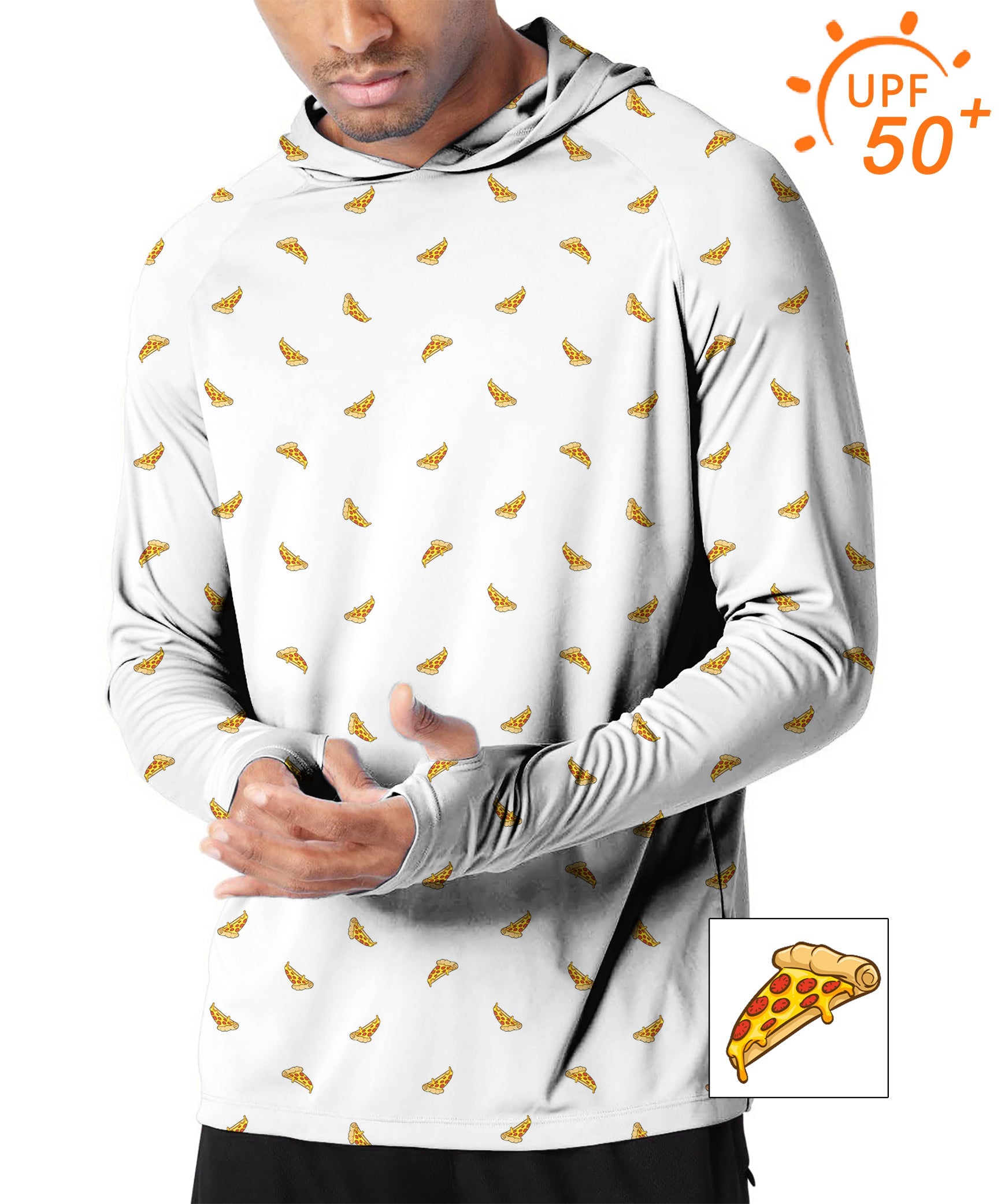 Men's slim fit white hoodie with delicious pizza print, UPF 50+ sun protection for outdoor activities