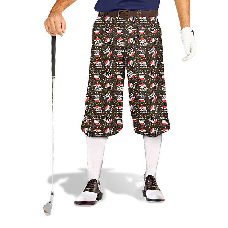 Men's Christmas themed golf knickers with festive hat and cuffed ankles