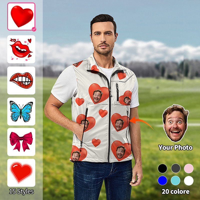 Valentine's Day Men's Custom Photo Face Custom Color Royal Love Lightweight Softshell Vest Sleeveless Jacket for Golf Windproof Waterproof