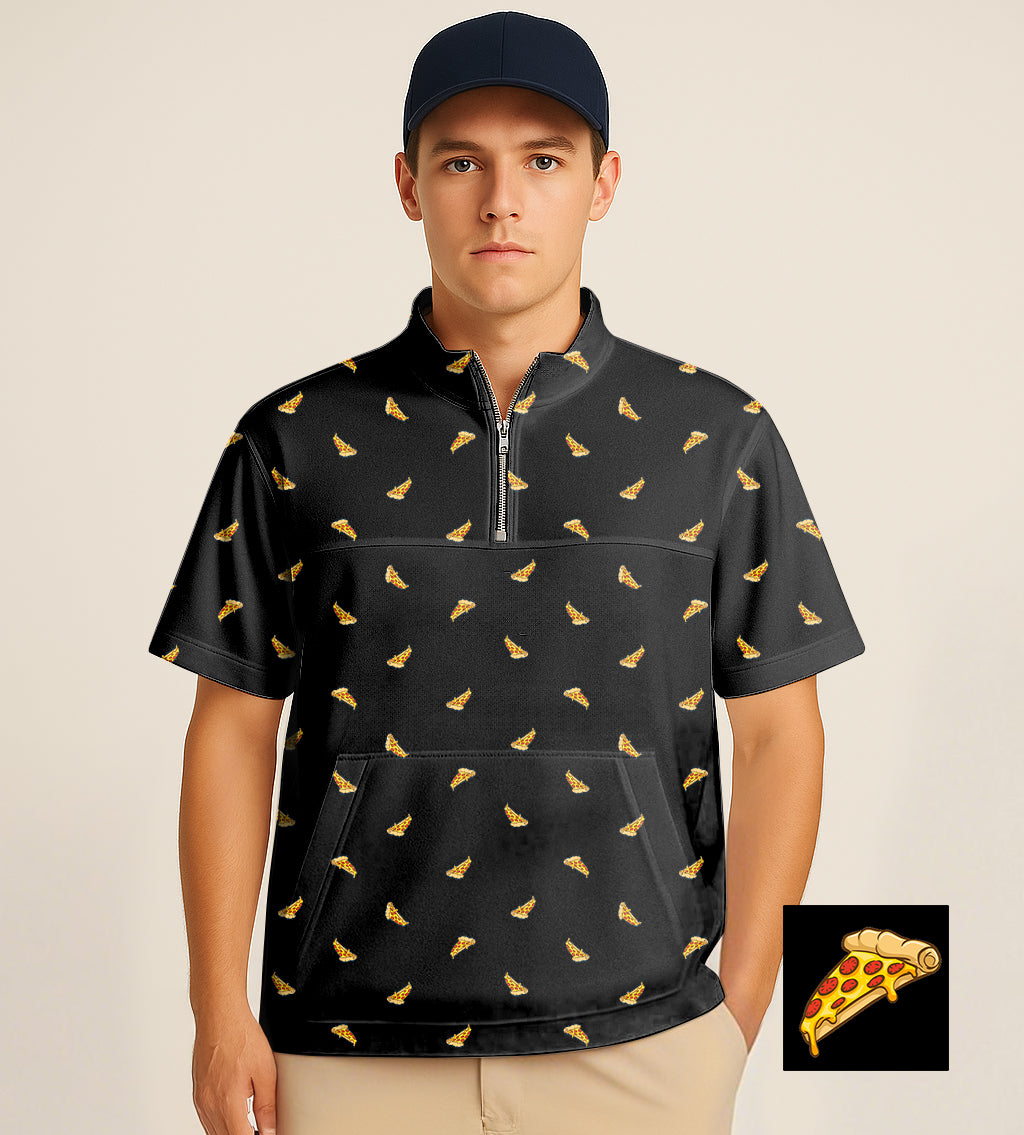 black half zipper turtleneck golf shirt with white pizza slice embroidery