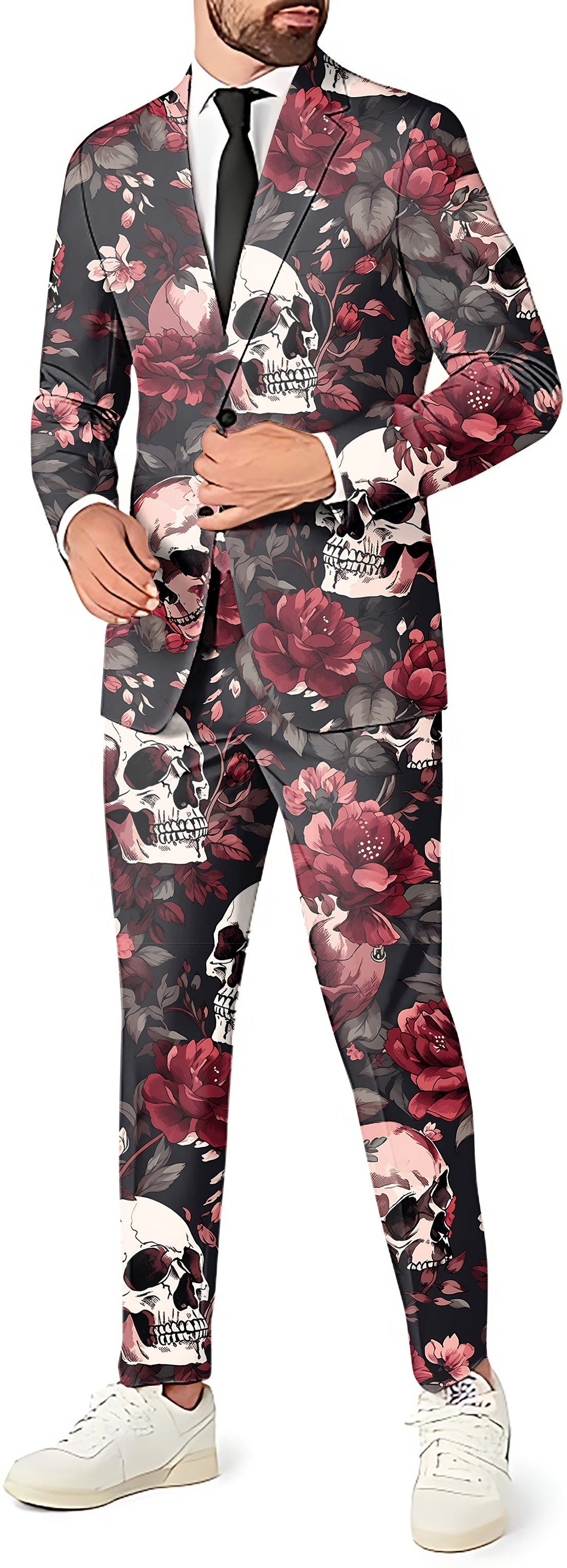 Men's Halloween floral skull suit with blazer, pants, and vest for themed parties