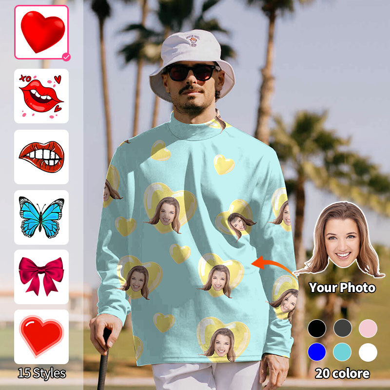 Valentine's Day Men's Custom Photo Face Custom Color Green Blue Love Pullover High Neck Long/Short Sleeve T-Shirt