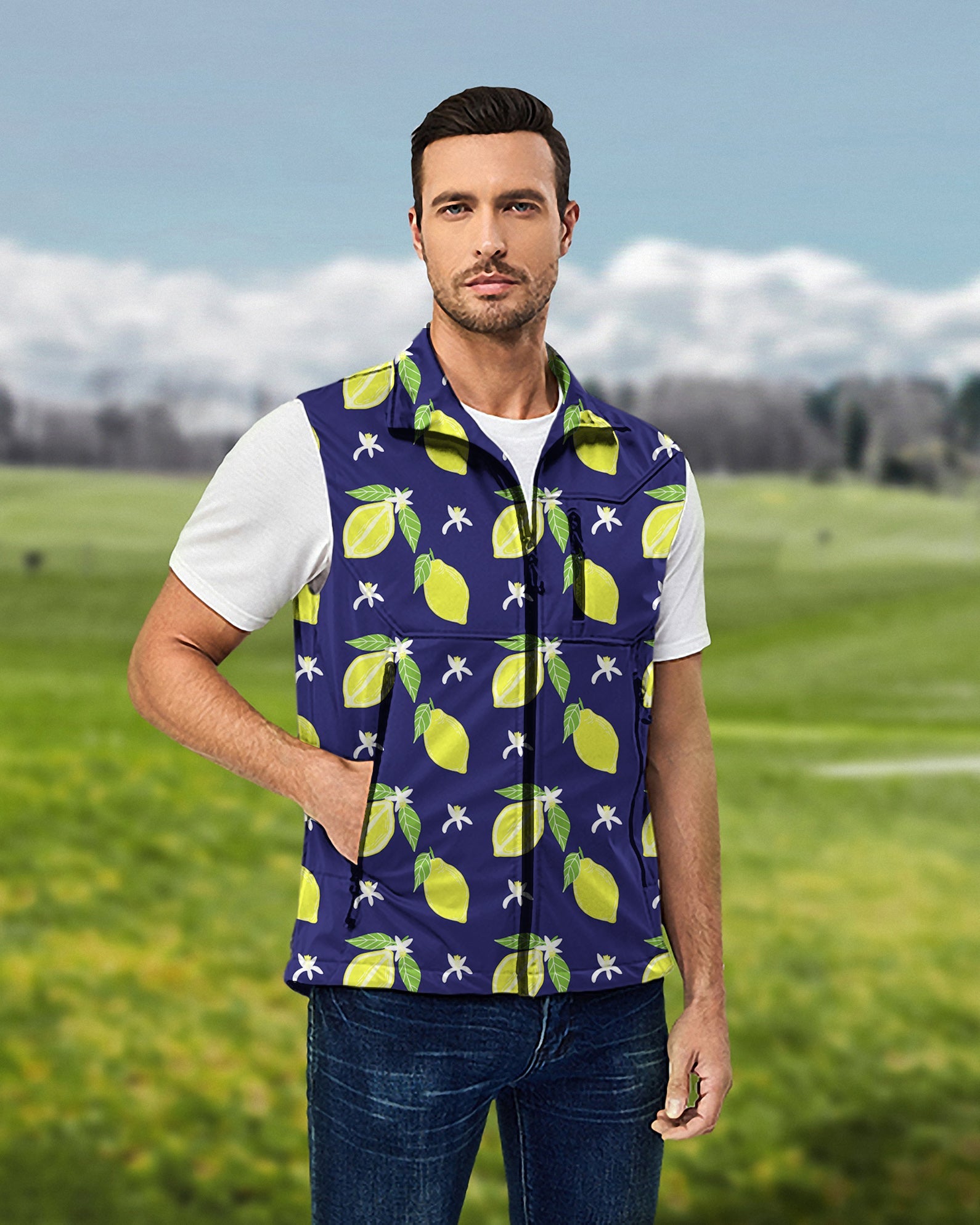 Men's Zesty lemon lightweight softshell vest sleeveless jacket with lemon print for golf windproof waterproof