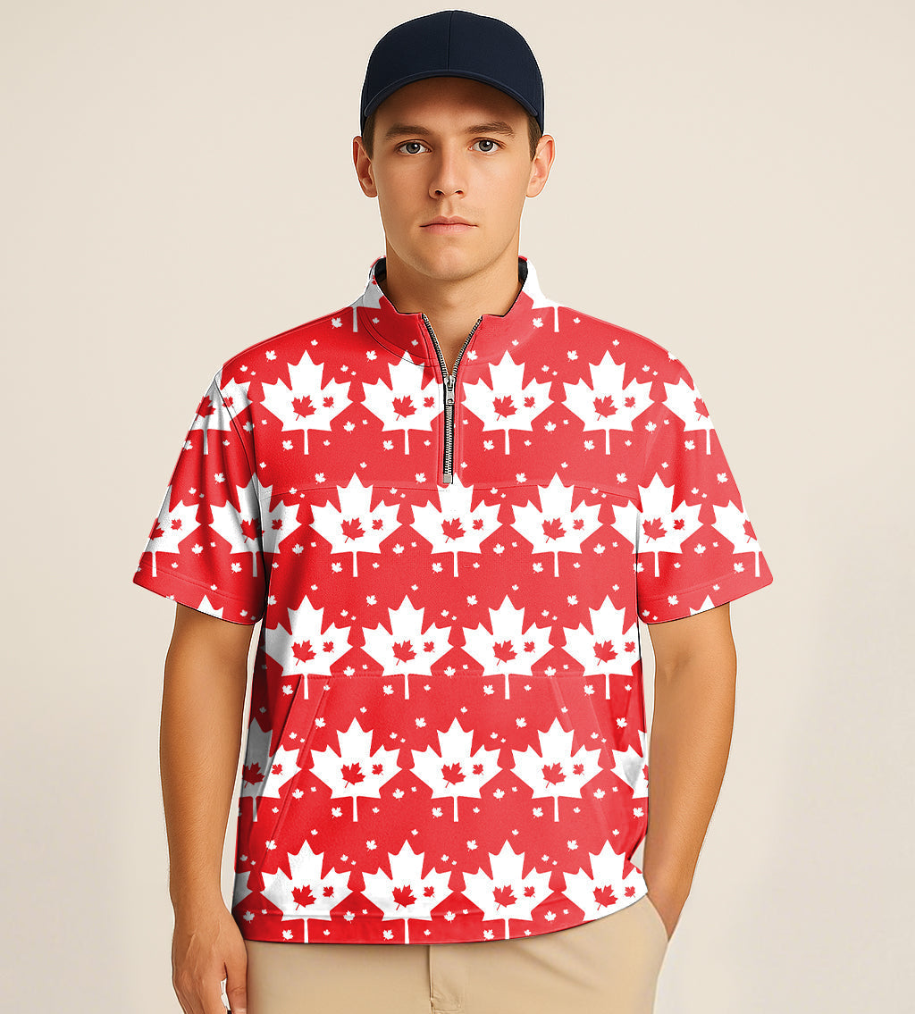 Men's half zipper turtleneck golf shirt with red Canadian maple leaf embroidery and customizable design