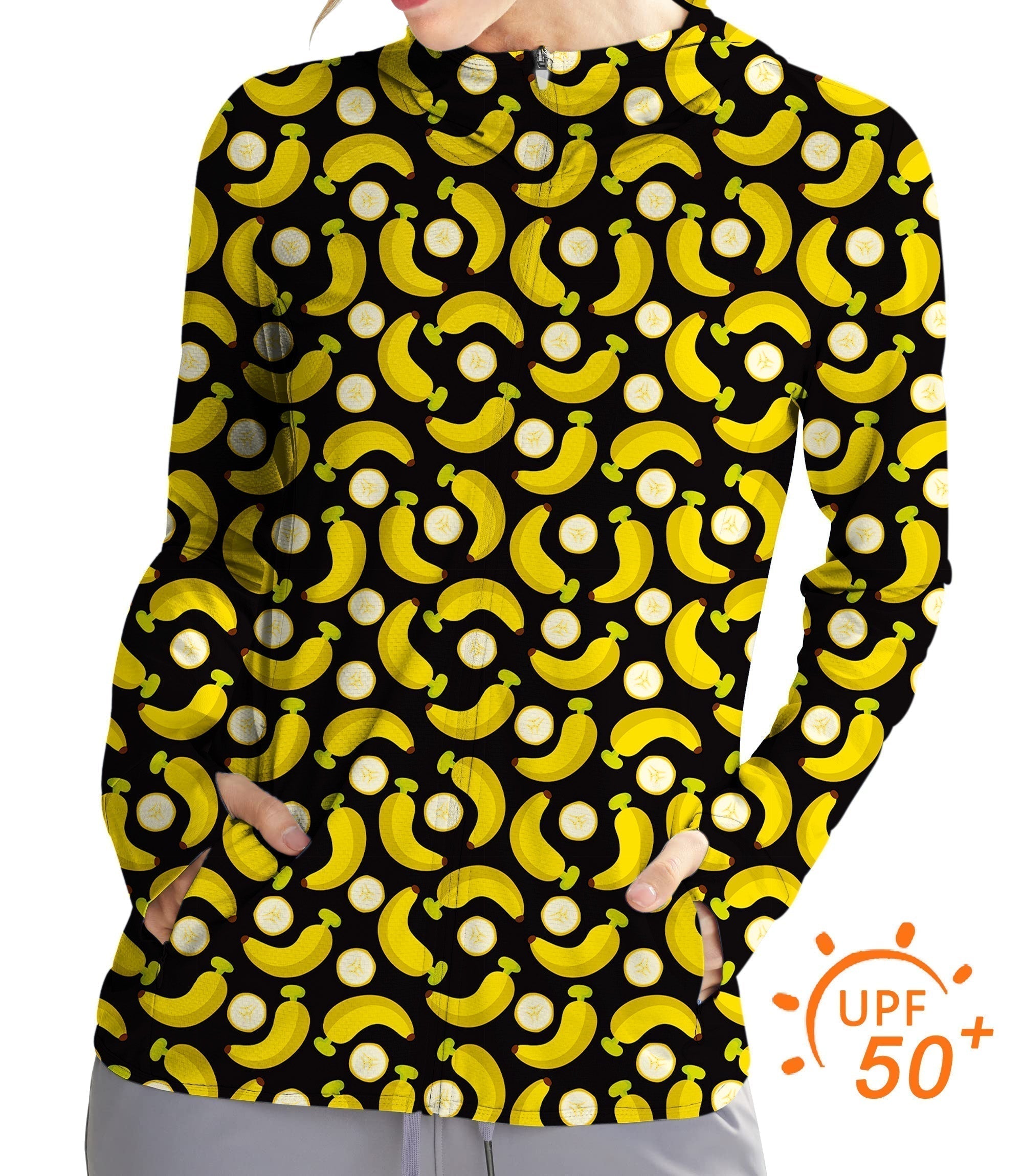 Women's slim fit outdoor Halloween hoodie with bananas and banana peels pattern, UPF 50+ sun protection, quick-dry fabric