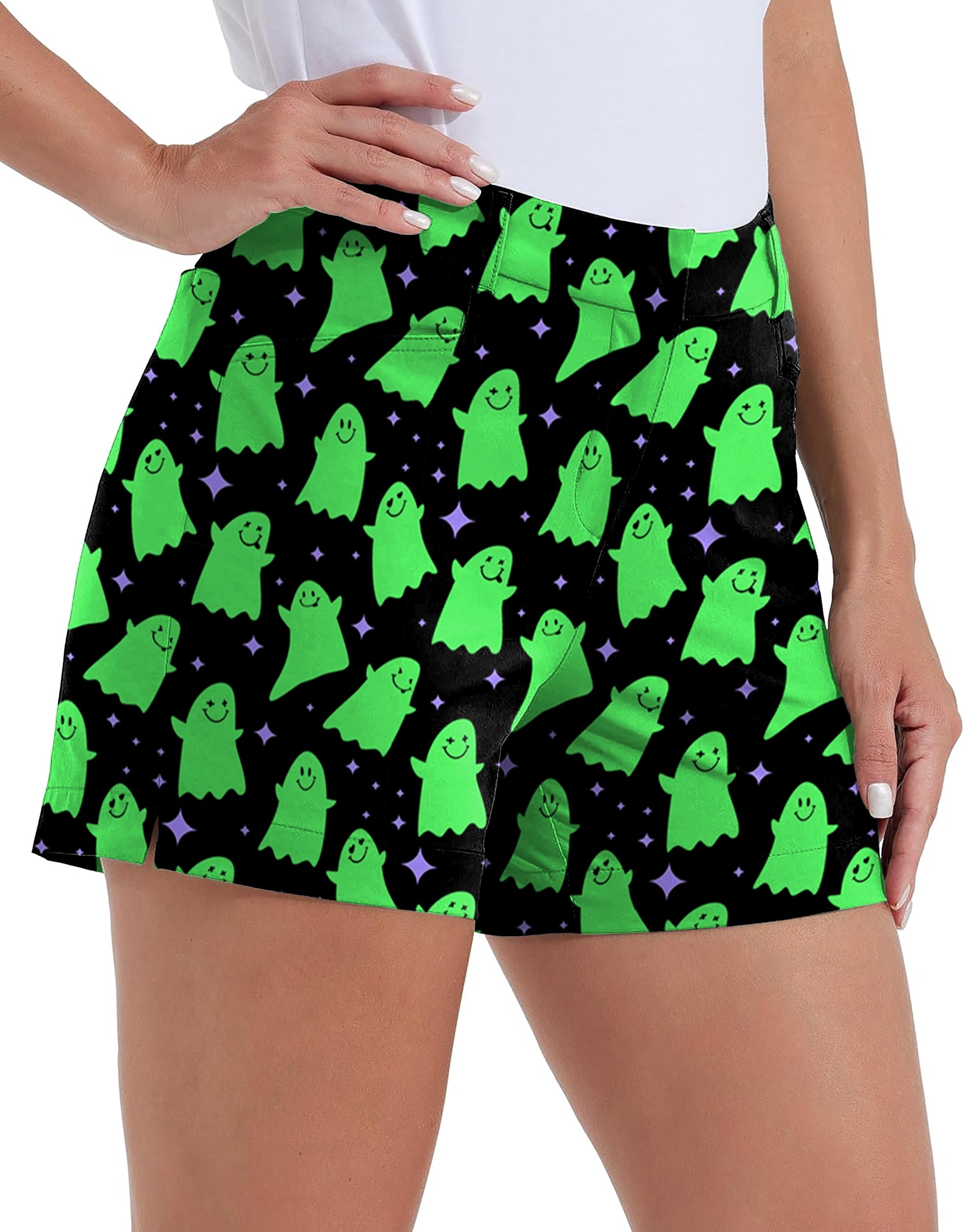 Women's Halloween Green Ghost Polo quick-dry golf shorts with pockets and waterproof fabric