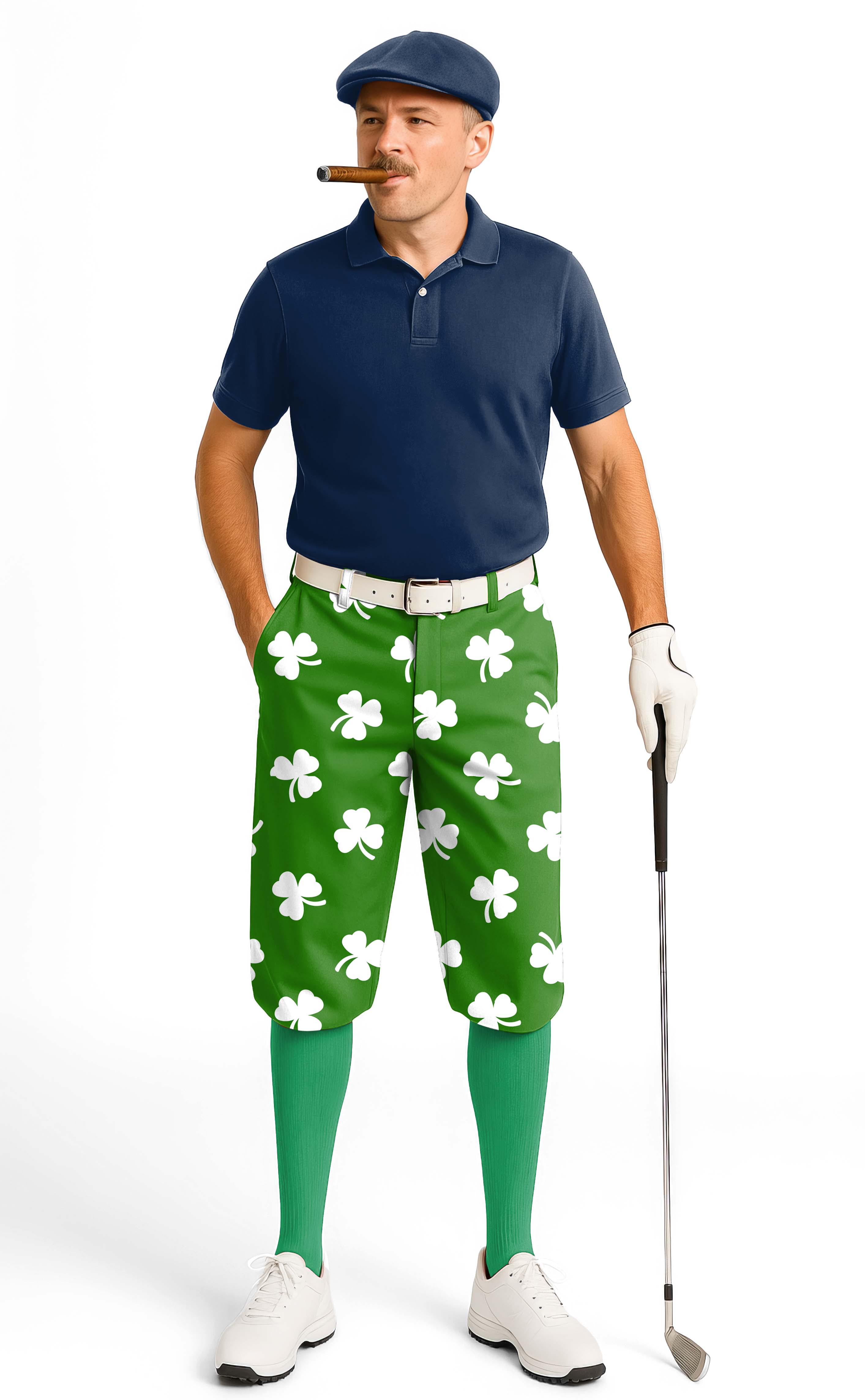 Men's golf knickers with leaf clover St. Patrick's Day design, green stretchy performance fabric with ankle cuffs