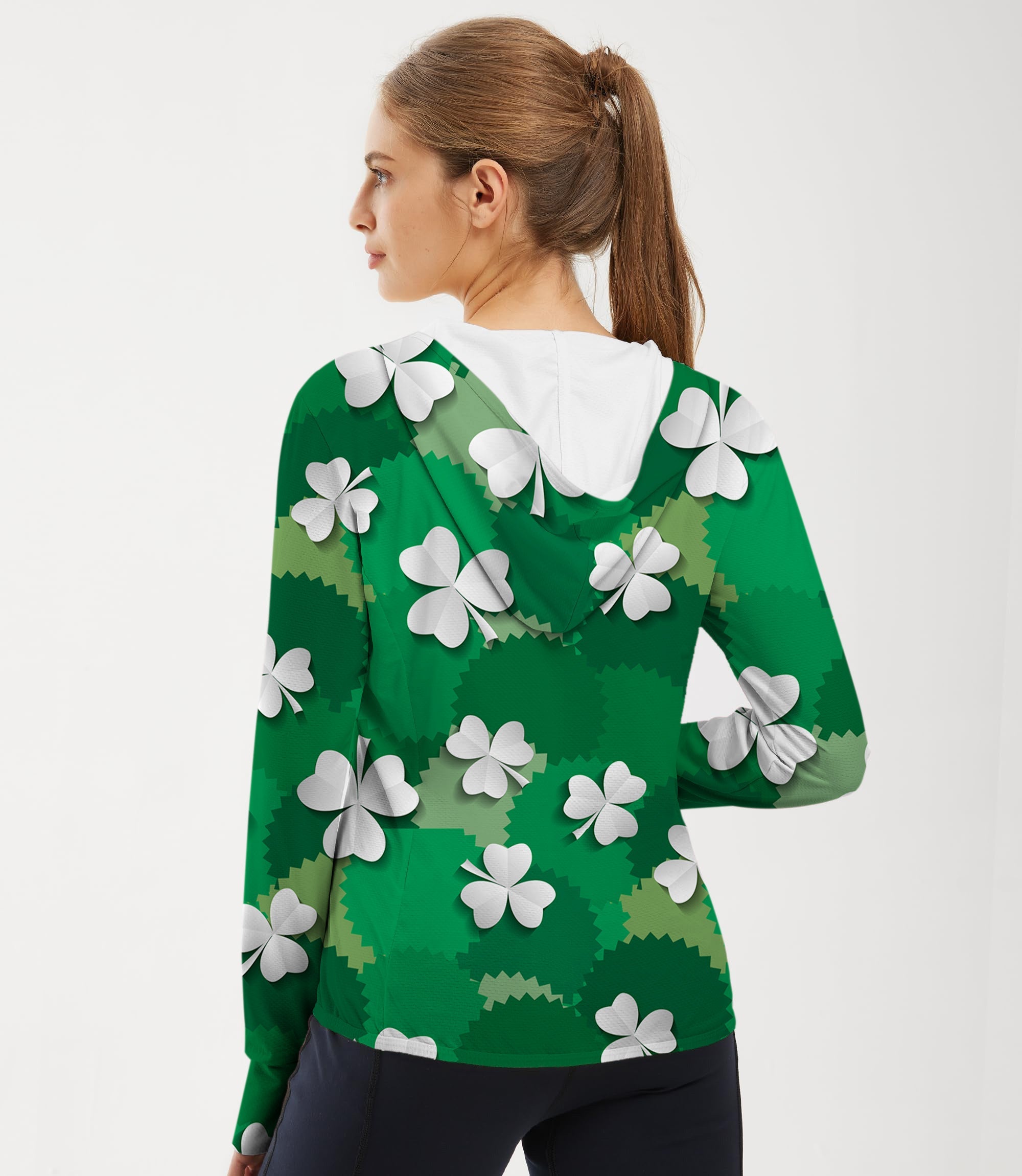 Women's outdoor leaf clover St. Patrick's Day zip hoodie for golf with sun protection and slim fit design
