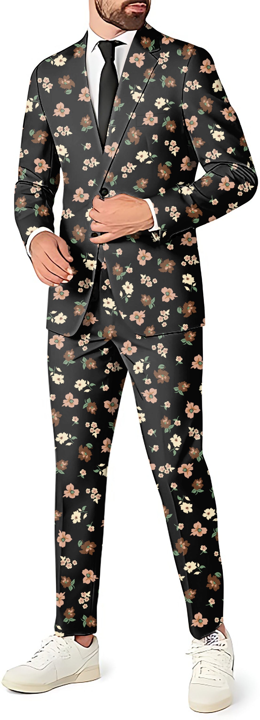 black flower men's floral blazer, pants, and vest suit set for party and theme events
