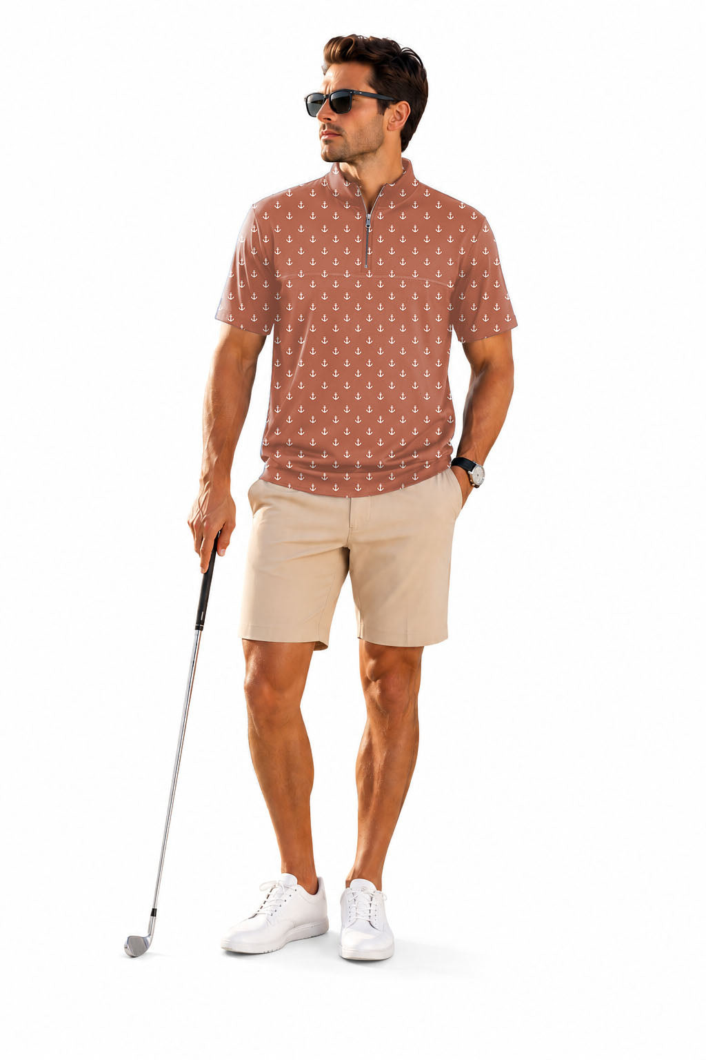 Men's Short Sleeve Quarter Zip Golf Pullover Dark Orange Anchor Embroidery