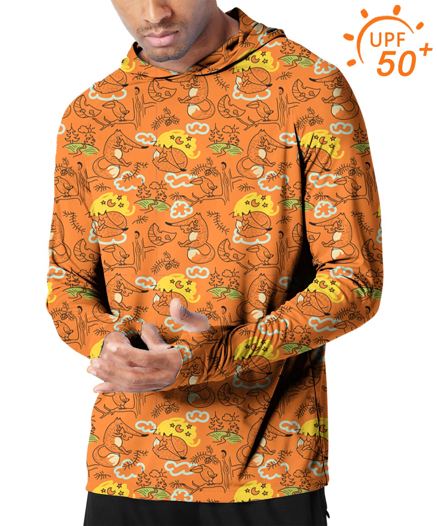 Men's Outdoor Lazy fox slim fit hooded sun protection hoodie with UPF 50+ fabric and moisture-wicking breathable material