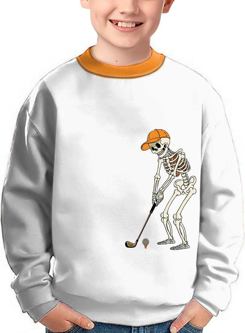 Kids white Halloween skeleton golf crewneck pullover with pumpkin orange collar and skeleton graphic playing golf