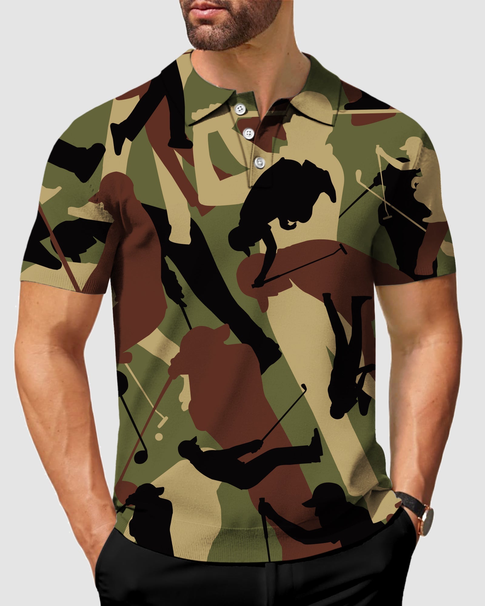 Men's army green golf polo shirt with camouflage golf player silhouette pattern, classic fit, moisture-wicking and wrinkle-resistant fabric